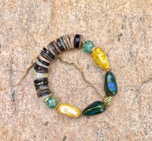 Boho Chunky Czech Nugget and Shell Stretch Bracelet