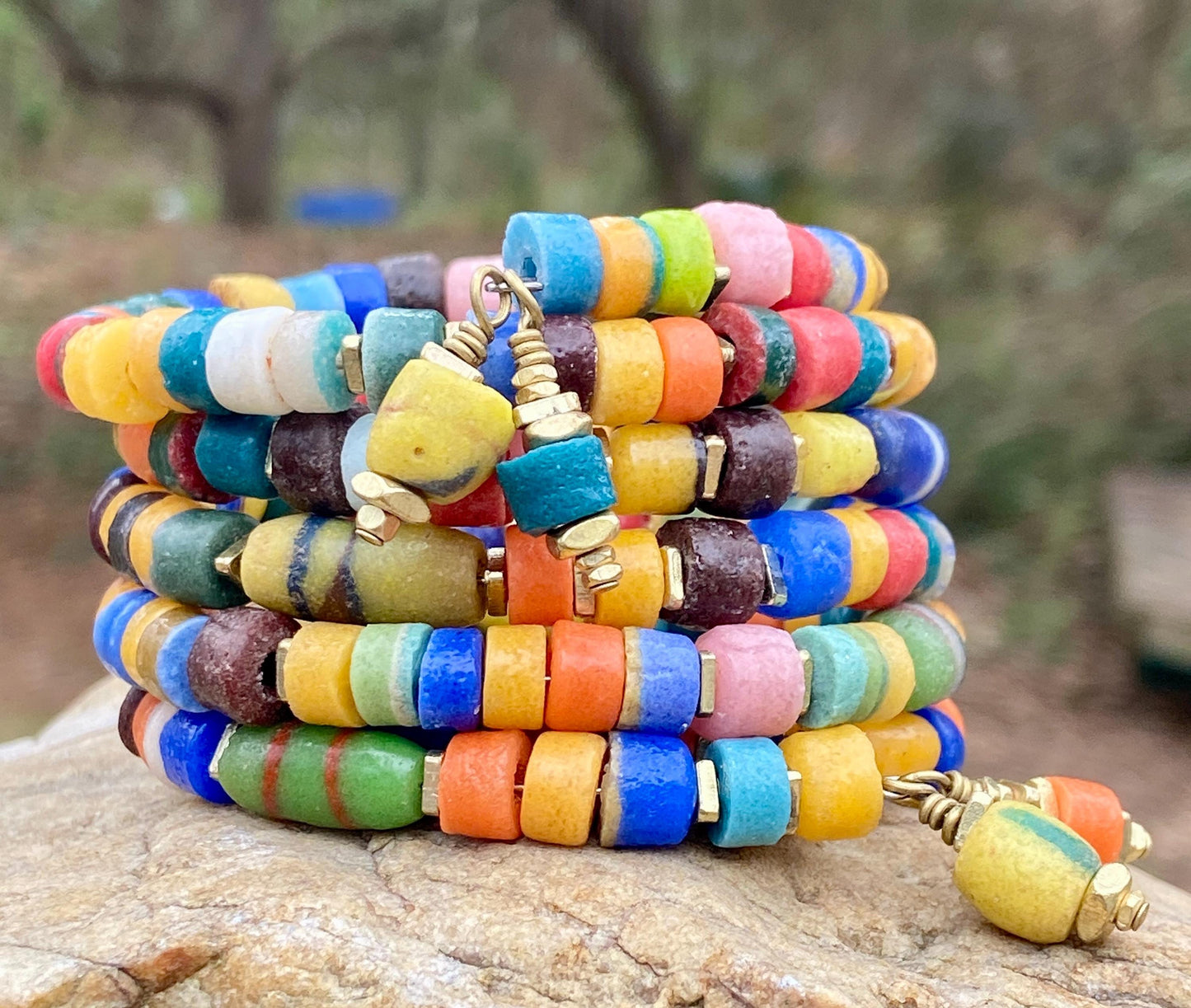 Rustic African Sandcast Beaded Bangle – Boho Gold‑Accented Bracelet