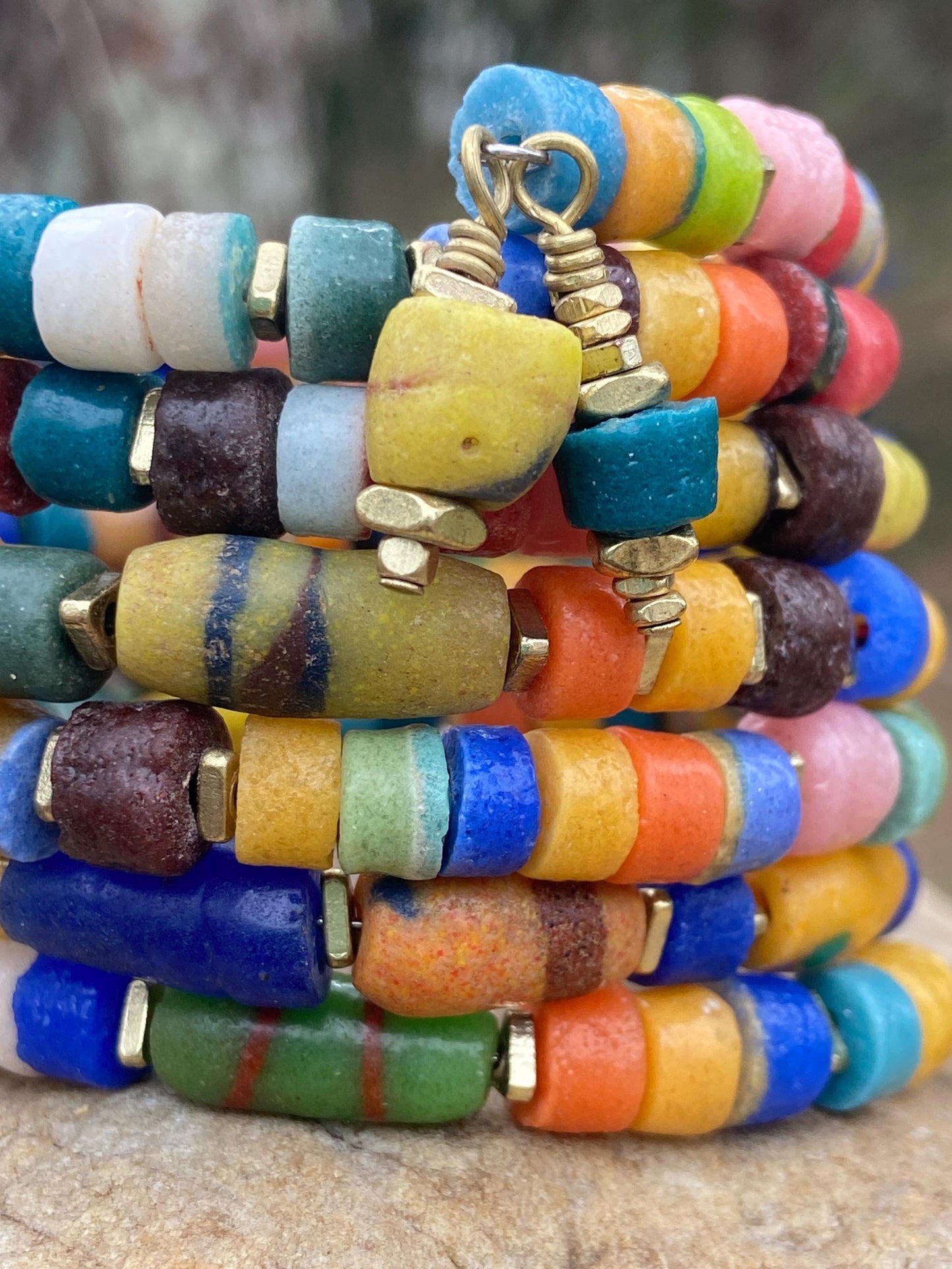 Rustic African Sandcast Beaded Bangle – Boho Gold‑Accented Bracelet