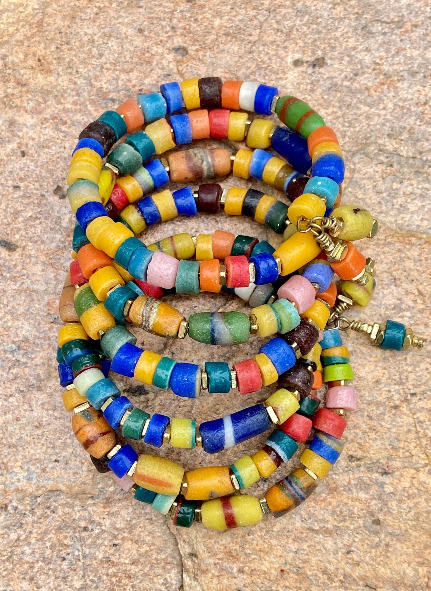 Rustic African Sandcast Beaded Bangle – Boho Gold‑Accented Bracelet