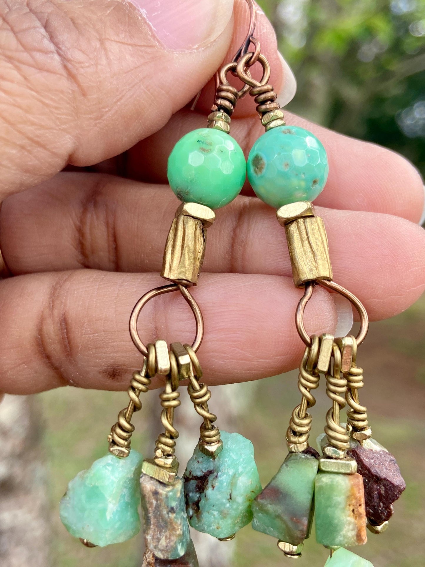 Chrysoprase Dangle Earrings • Faceted & Raw Gemstone Boho Brass Jewelry