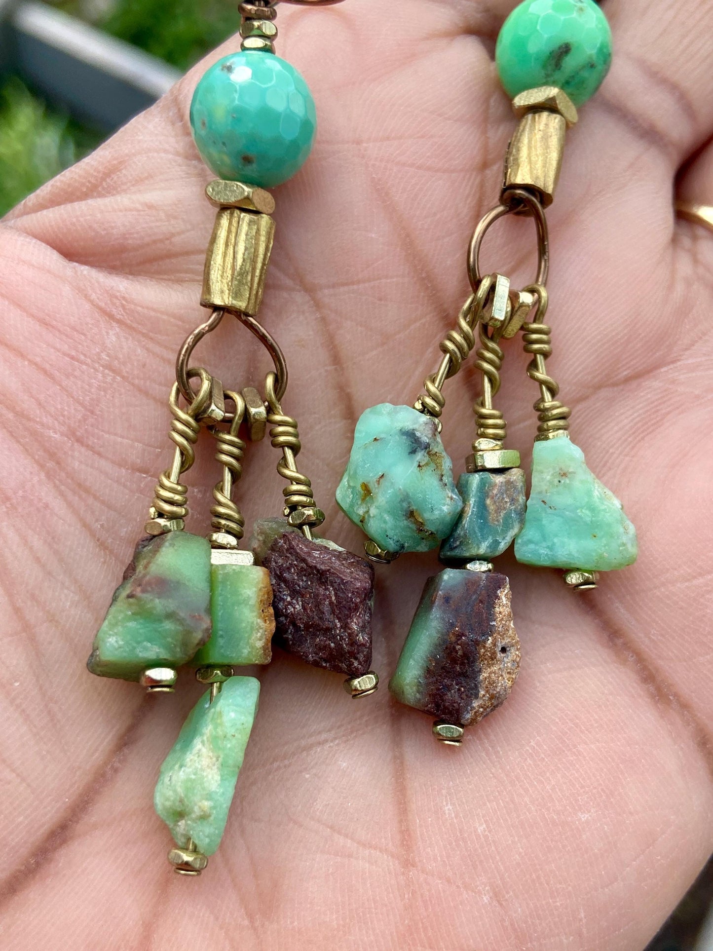 Chrysoprase Dangle Earrings • Faceted & Raw Gemstone Boho Brass Jewelry