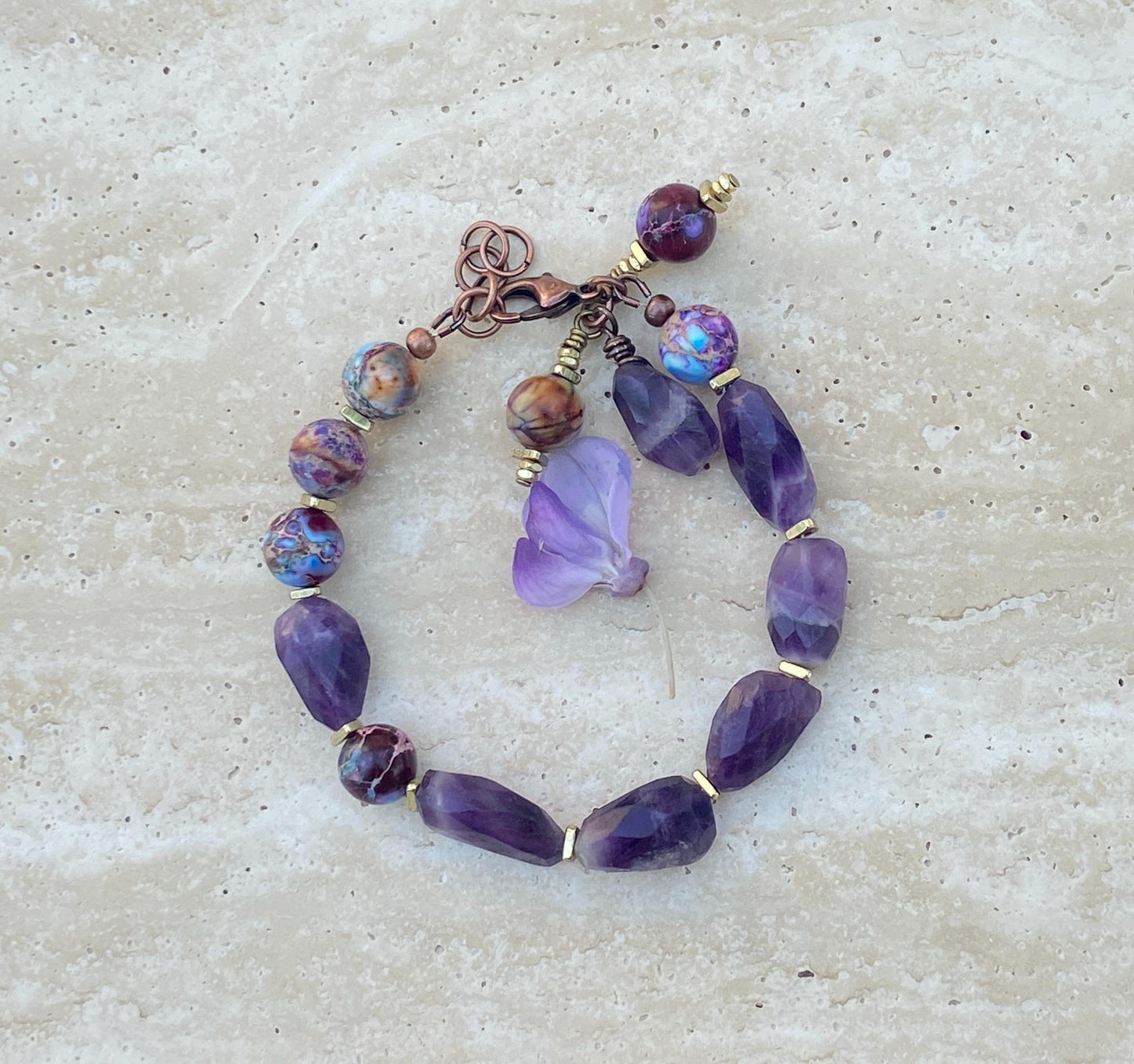 Purple & Turquoise Impression Jasper Bracelet with Dogtooth Amethyst Beads