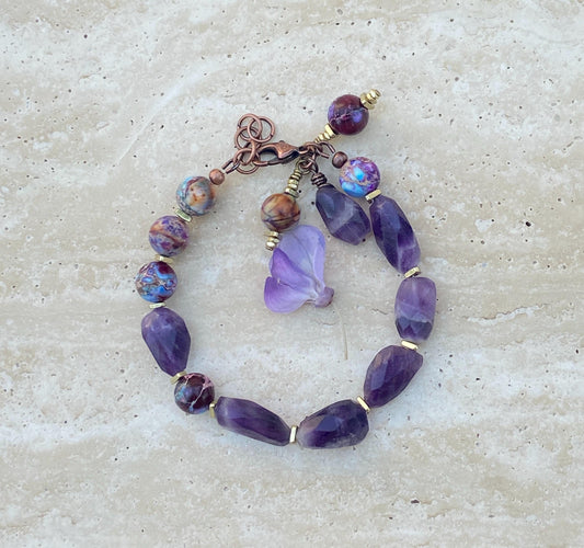Purple & Turquoise Impression Jasper Bracelet with Dogtooth Amethyst Beads