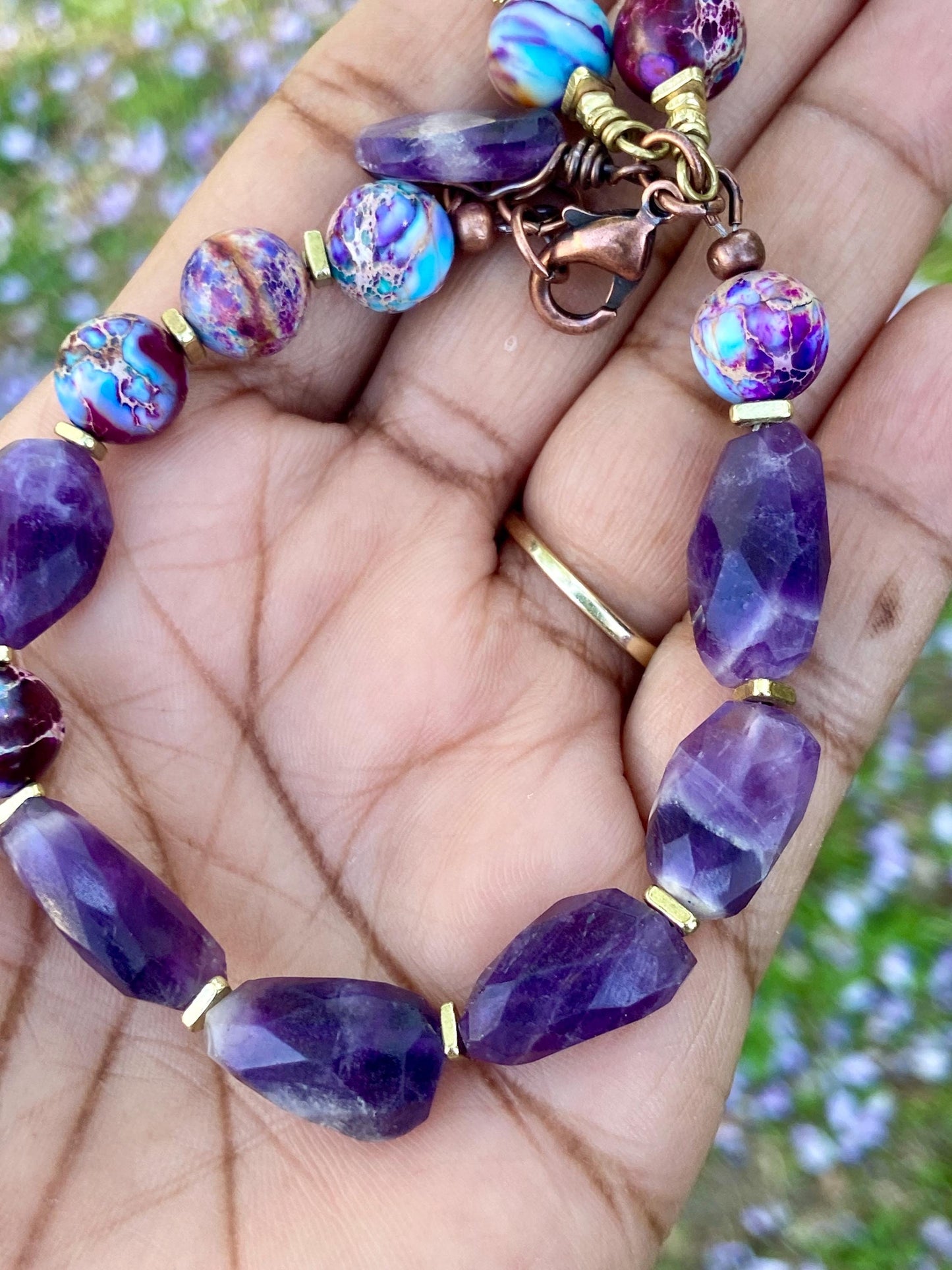 Purple & Turquoise Impression Jasper Bracelet with Dogtooth Amethyst Beads