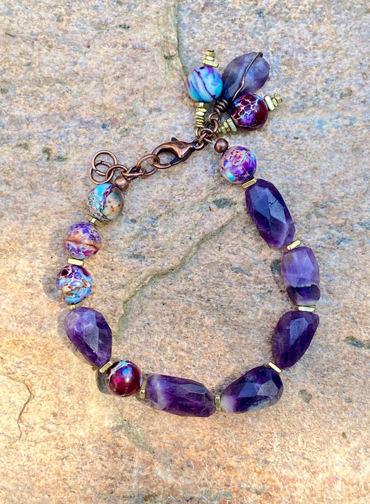 Purple & Turquoise Impression Jasper Bracelet with Dogtooth Amethyst Beads
