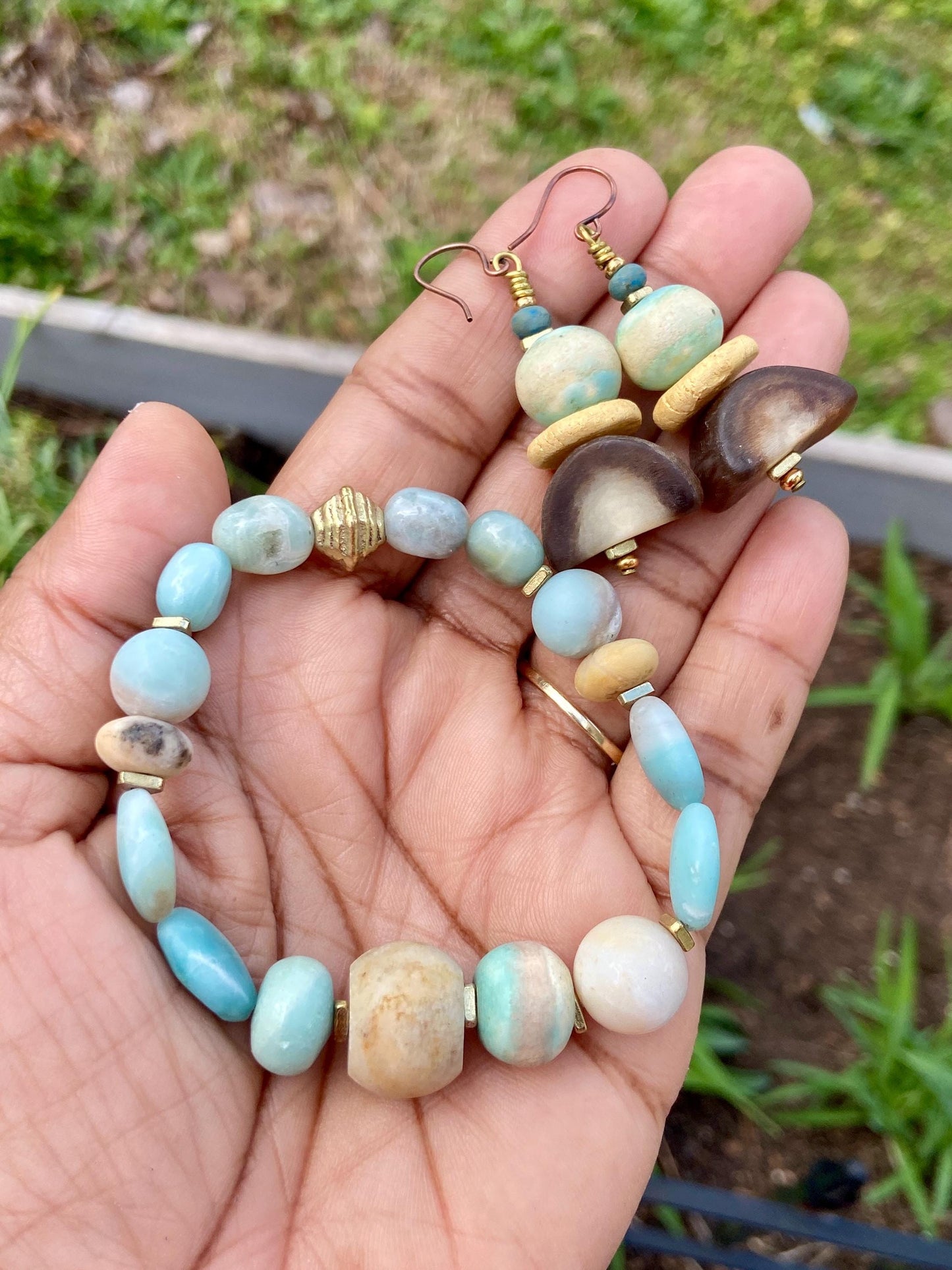 Boho Cloud Dancer Gemstone Bracelet – Amazonite, Pastel Ceramic Beads & Brass