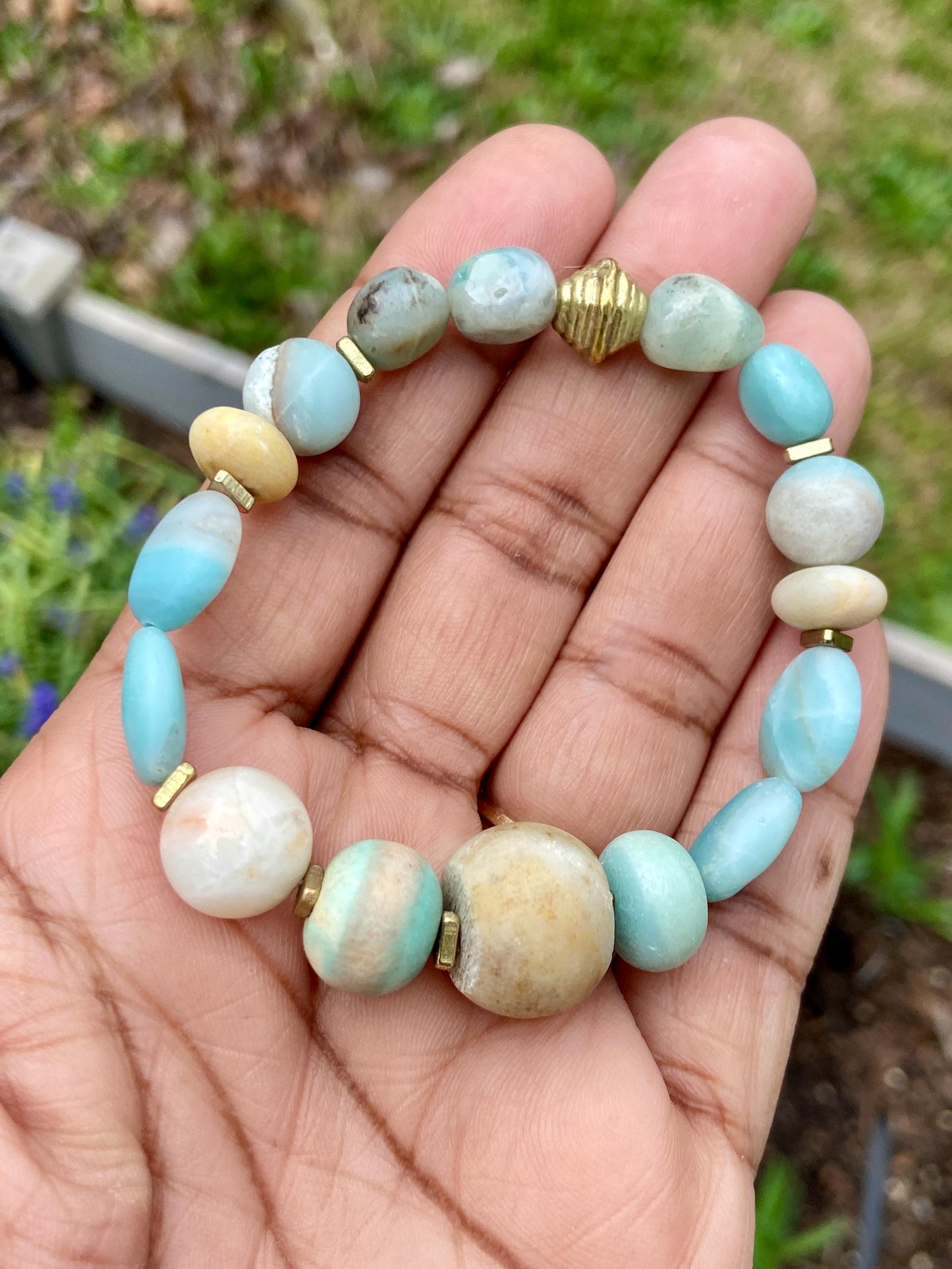 Boho Cloud Dancer Gemstone Bracelet – Amazonite, Pastel Ceramic Beads & Brass