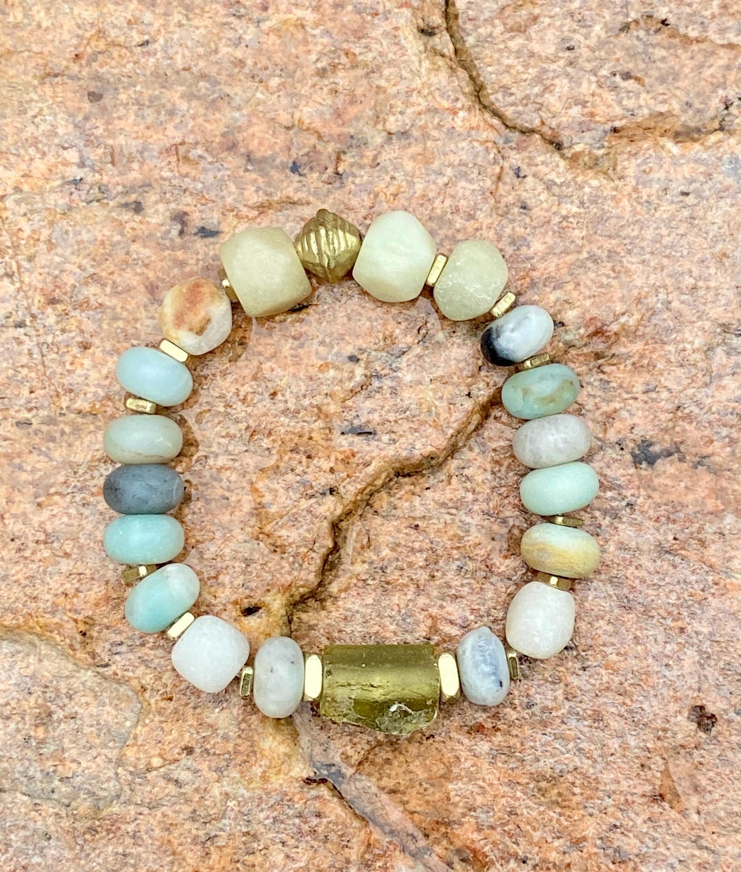 Pantone Cloud Dancer Gemstone Bracelet – Amazonite, Roman Glass & Brass