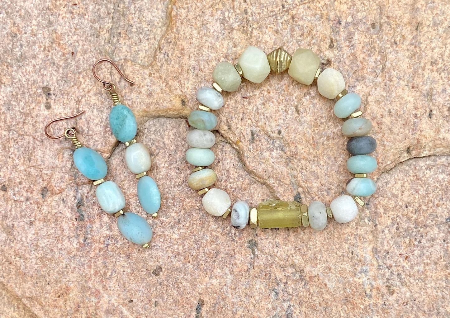 Pantone Cloud Dancer Gemstone Bracelet – Amazonite, Roman Glass & Brass