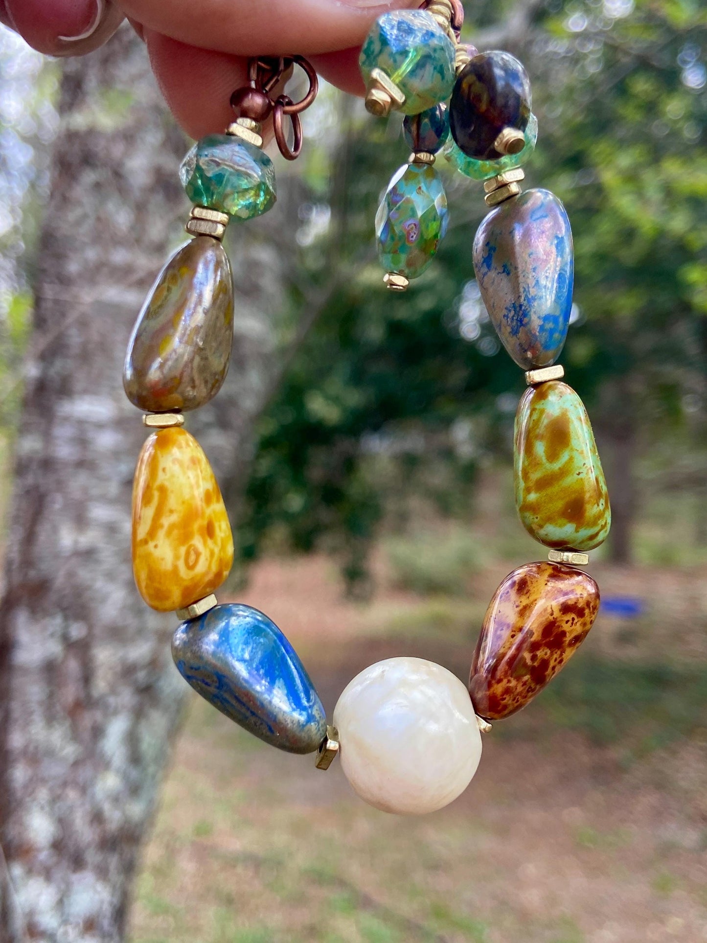 Boho Picasso Czech Nugget and Naga Shell Bracelet