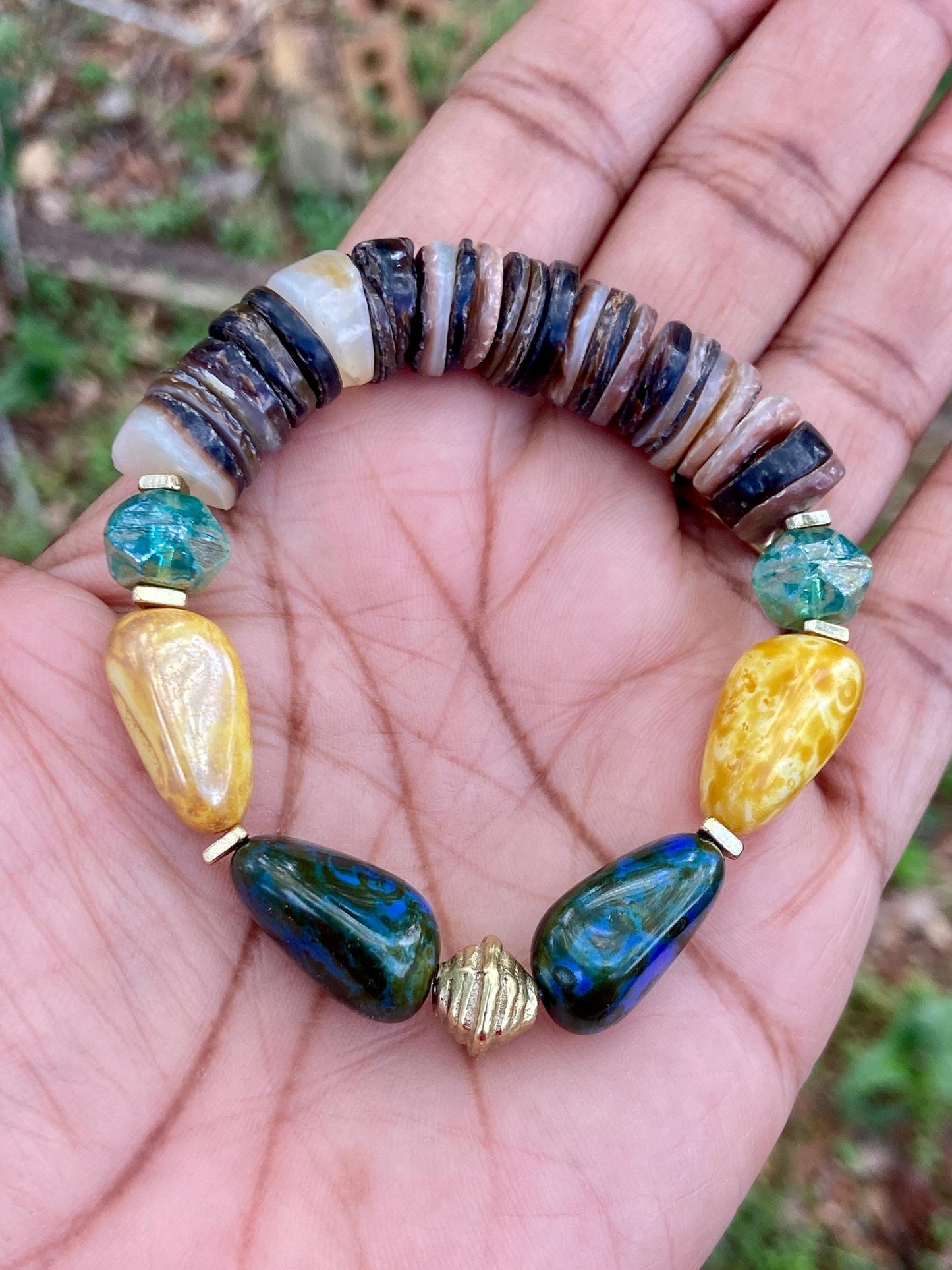 Boho Chunky Czech Nugget and Shell Stretch Bracelet
