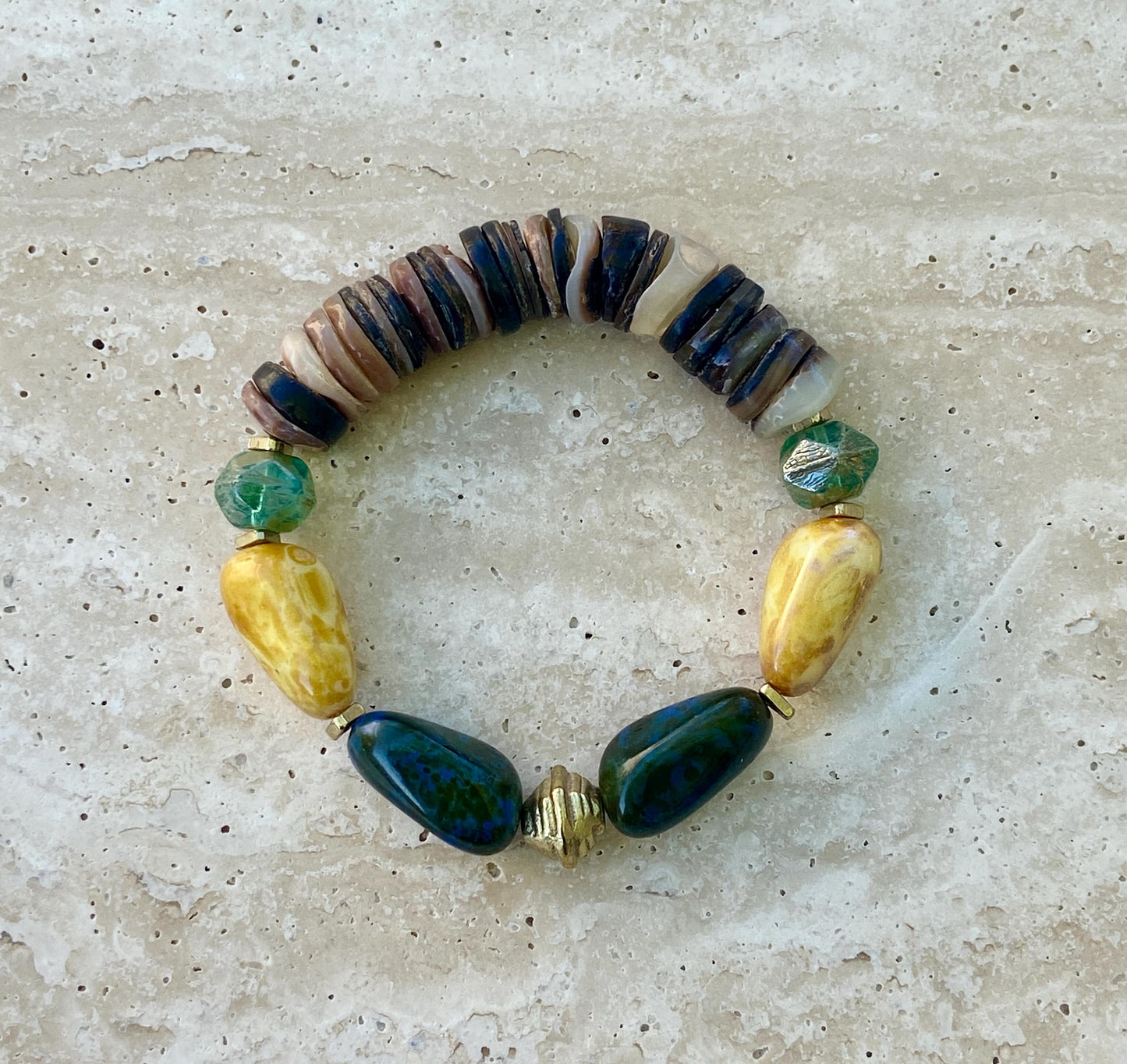 Boho Chunky Czech Nugget and Shell Stretch Bracelet