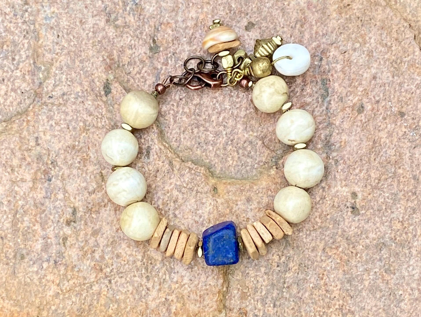 Beach Inspired Bracelet: Naga Conch Shell, Tan Coconut Wood and Lapis Gemstone Focal