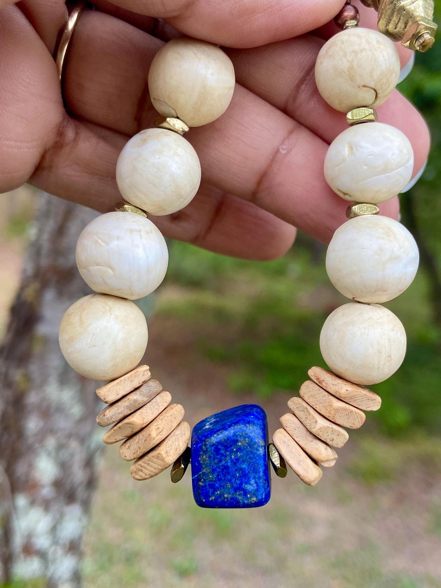 Beach Inspired Bracelet: Naga Conch Shell, Tan Coconut Wood and Lapis Gemstone Focal