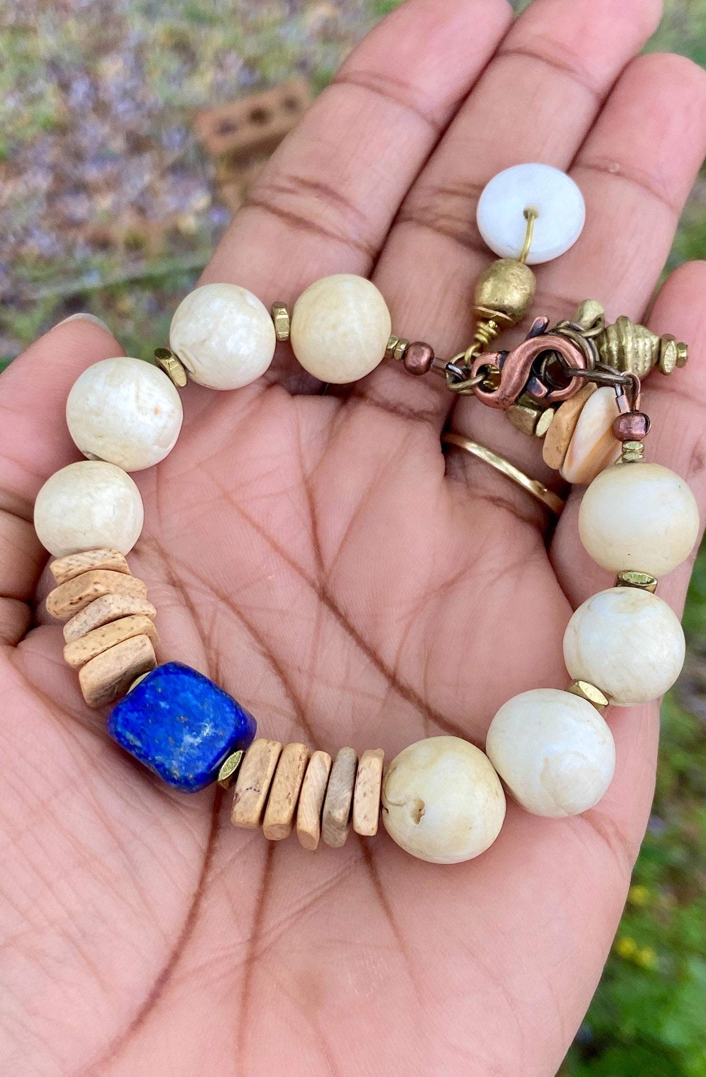 Beach Inspired Bracelet: Naga Conch Shell, Tan Coconut Wood and Lapis Gemstone Focal