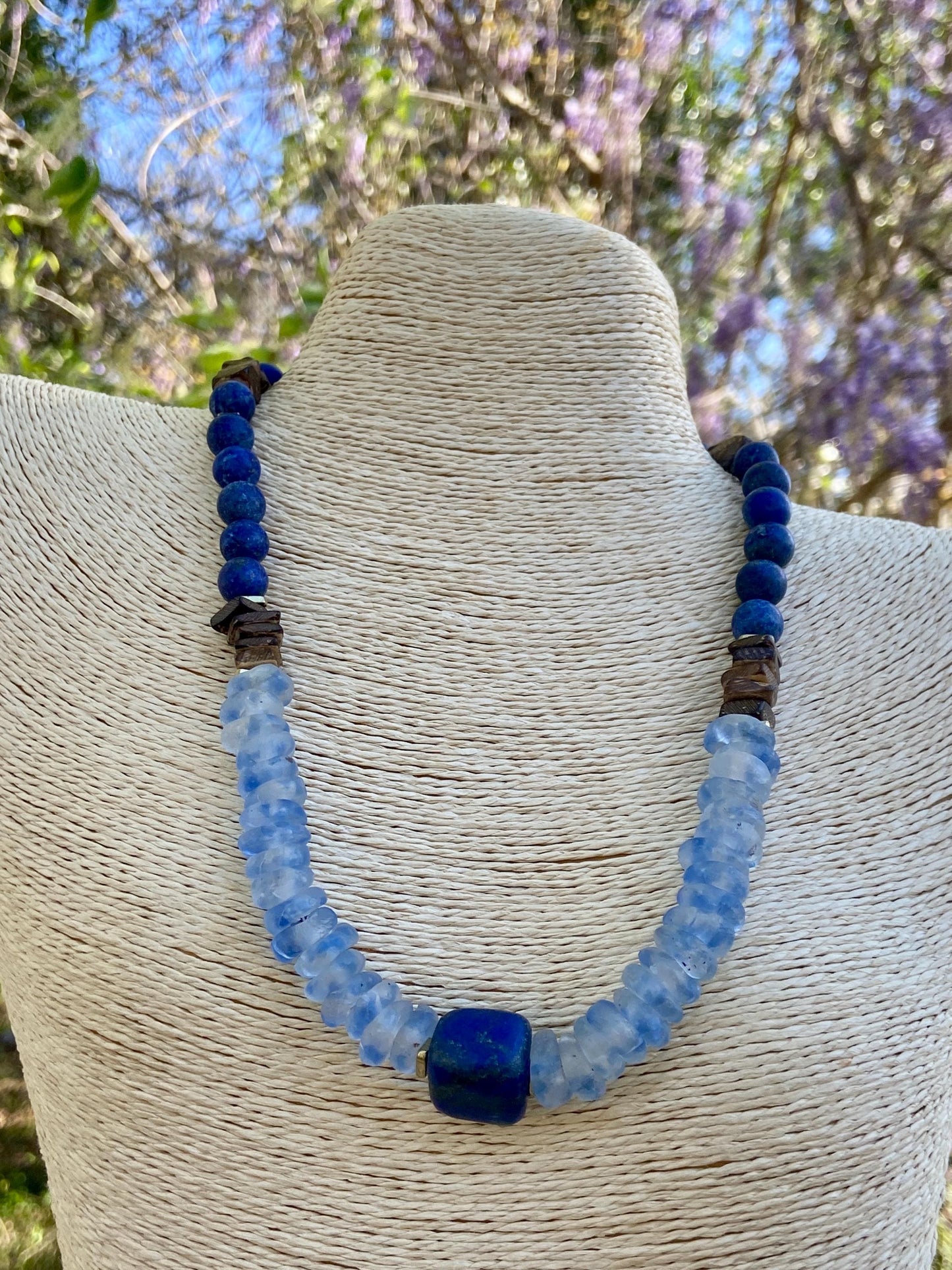 Ocean Waves Recycled Glass Necklace: Blue Mist, Lapis, Coconut Wood Beads