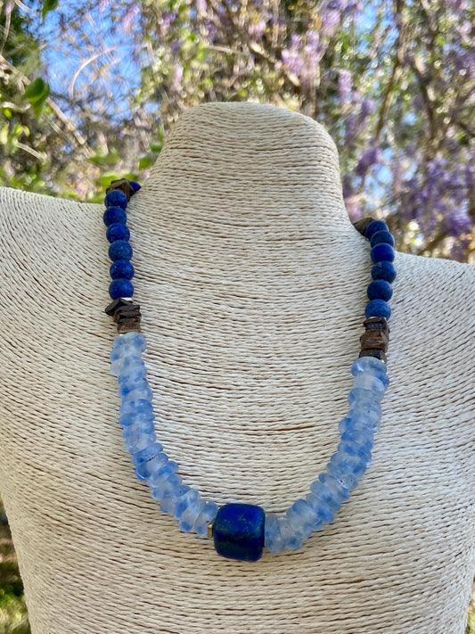 Ocean Waves Recycled Glass Necklace: Blue Mist, Lapis, Coconut Wood Beads