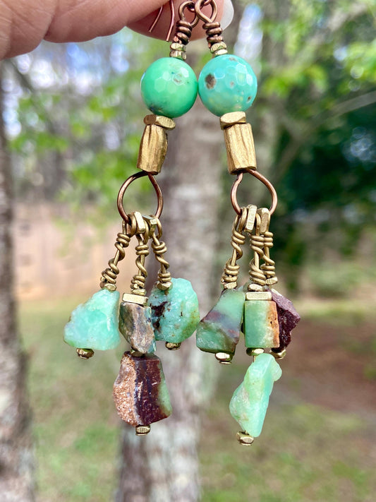 Chrysoprase Dangle Earrings • Faceted & Raw Gemstone Boho Brass Jewelry