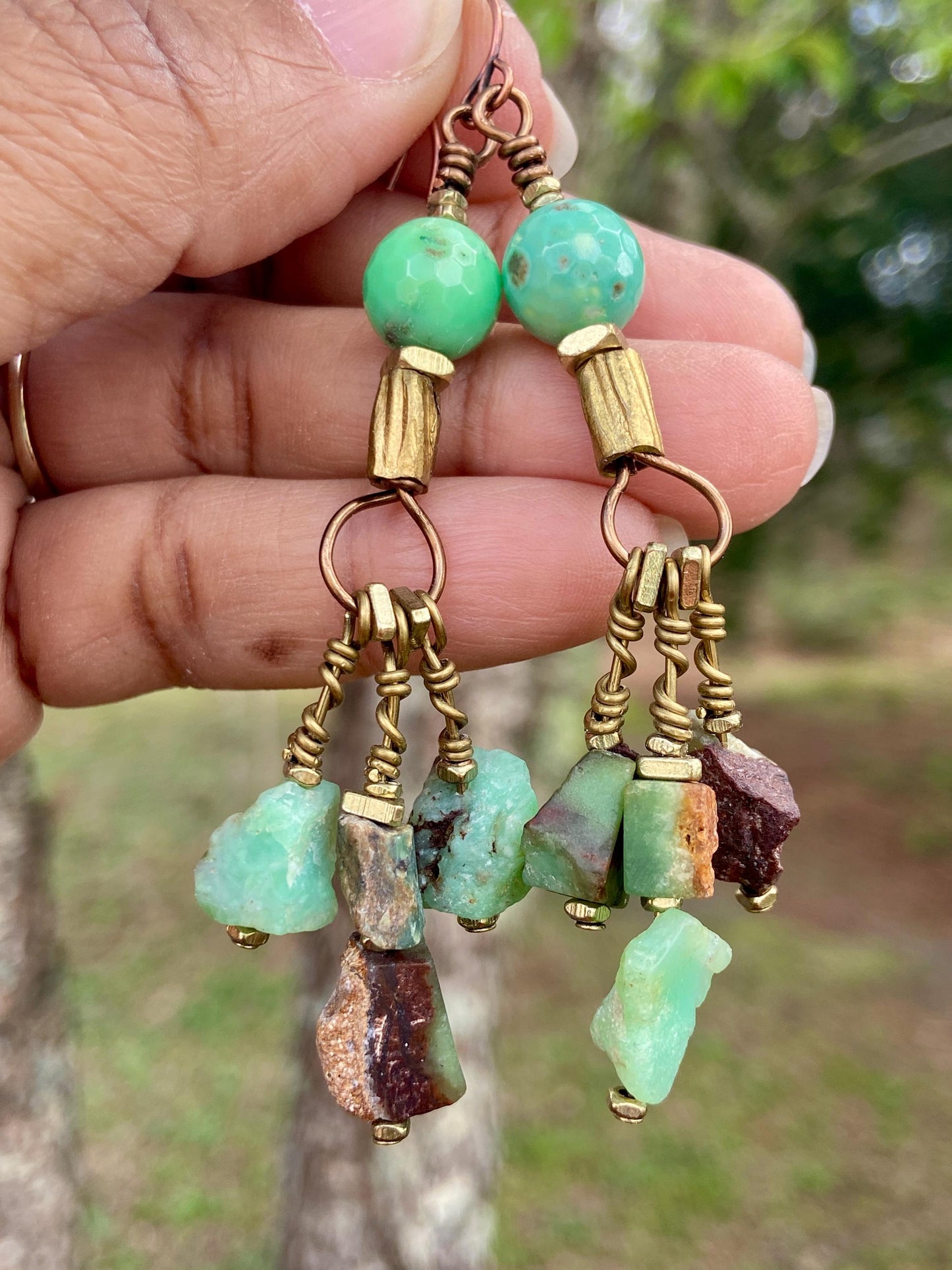 Chrysoprase Dangle Earrings • Faceted & Raw Gemstone Boho Brass Jewelry