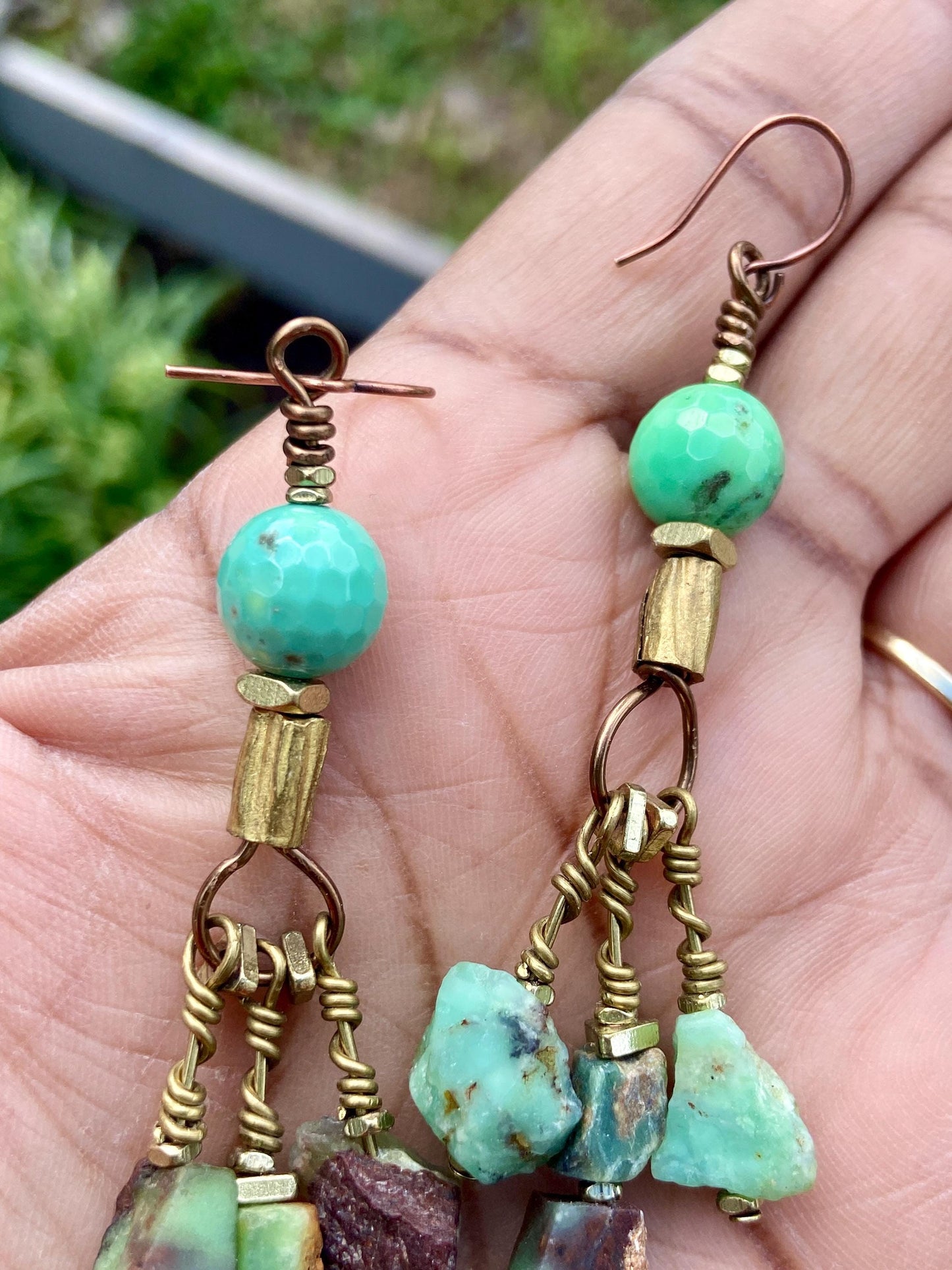 Chrysoprase Dangle Earrings • Faceted & Raw Gemstone Boho Brass Jewelry