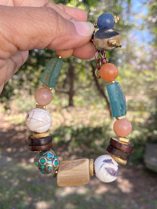 Boho Mixed Media Bracelet, Roman Glass, Inlaid Naga Conch Shell, Aventurine Gemstones
