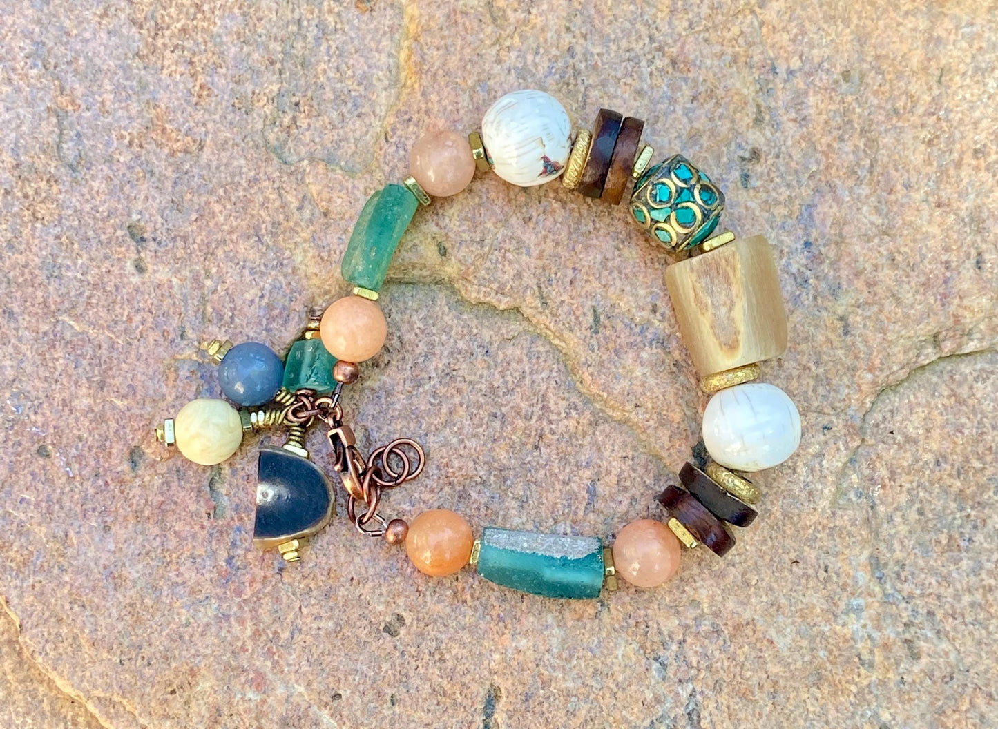 Boho Mixed Media Bracelet, Roman Glass, Inlaid Naga Conch Shell, Aventurine Gemstones