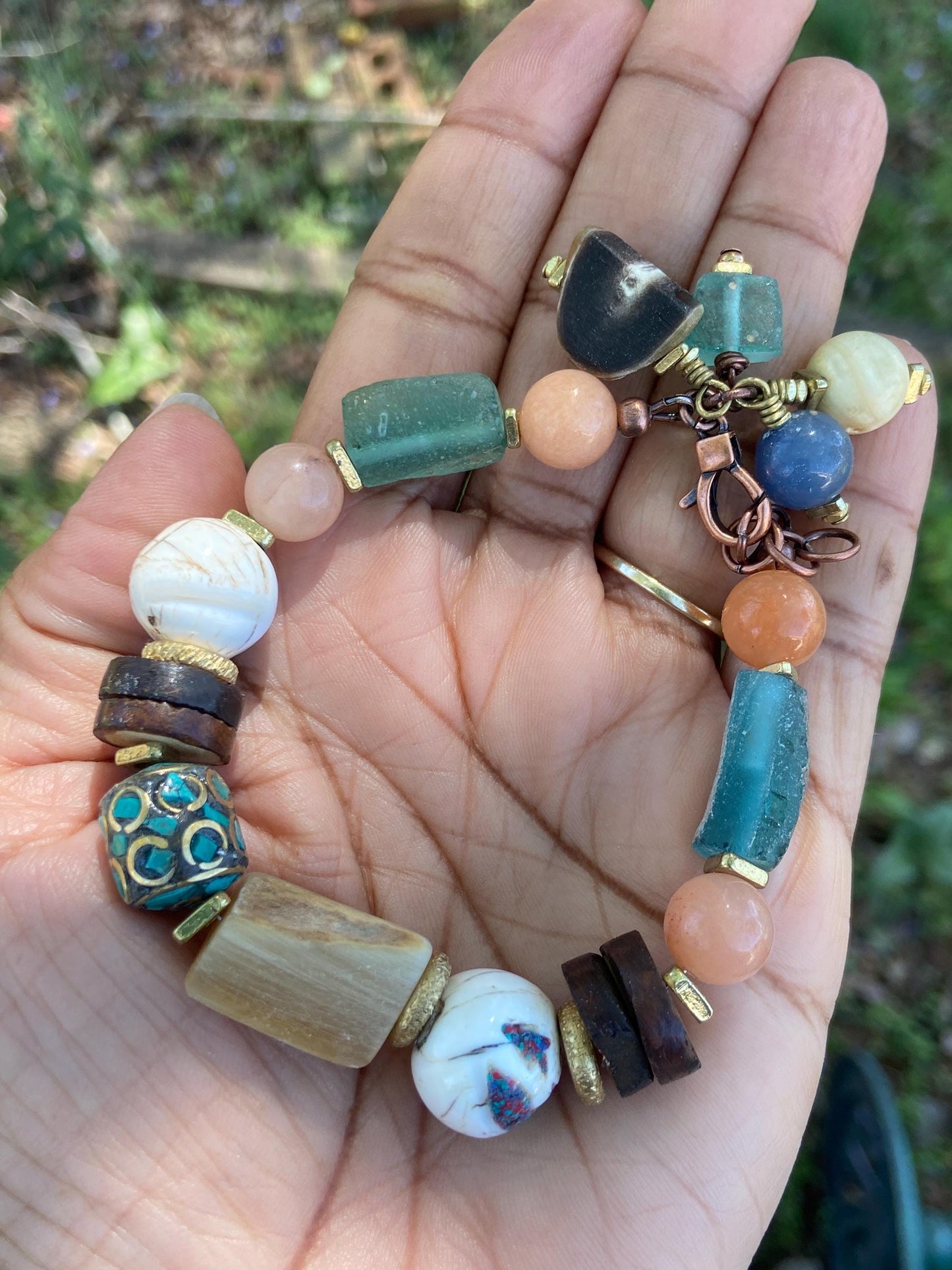 Boho Mixed Media Bracelet, Roman Glass, Inlaid Naga Conch Shell, Aventurine Gemstones