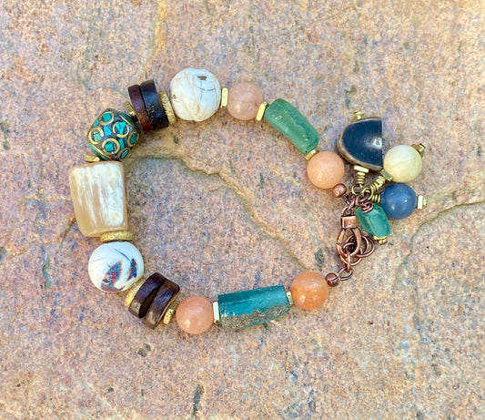 Boho Mixed Media Bracelet, Roman Glass, Inlaid Naga Conch Shell, Aventurine Gemstones