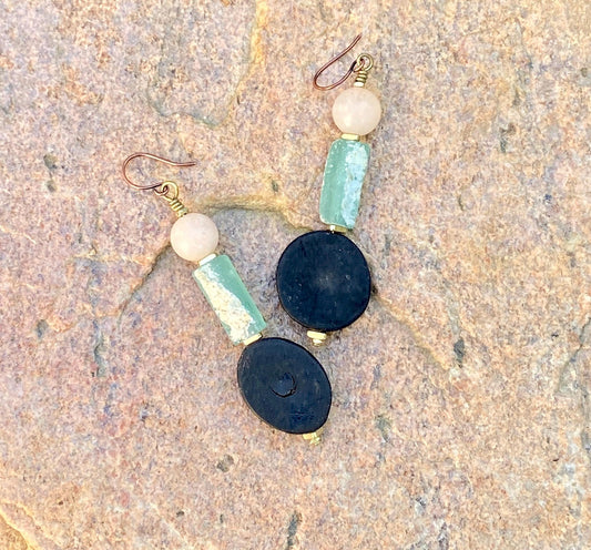 Geometric Natural Horn and Aventurine Gemstone Bead Earrings