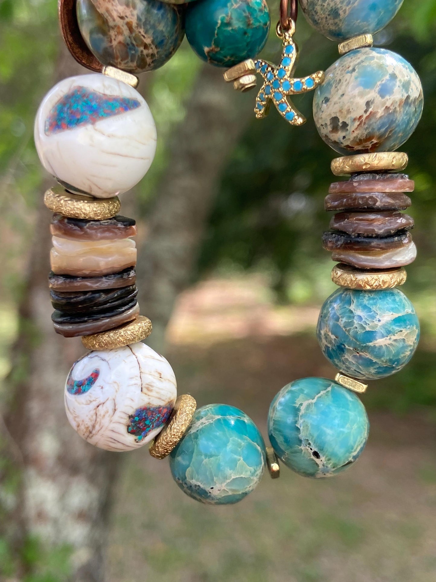 Boho Mixed Media Bracelet: Inlaid Naga Conch Shell, Turquoise Impression Jasper