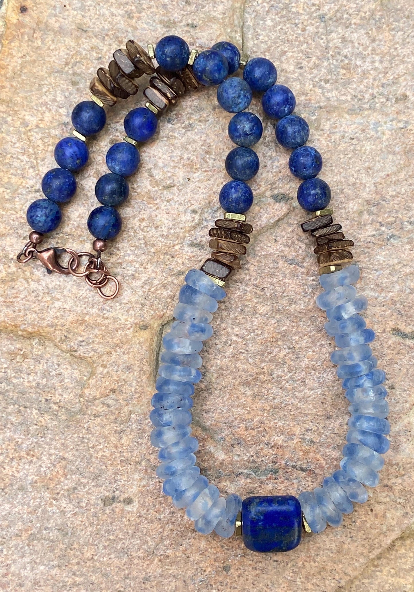 Ocean Waves Recycled Glass Necklace: Blue Mist, Lapis, Coconut Wood Beads