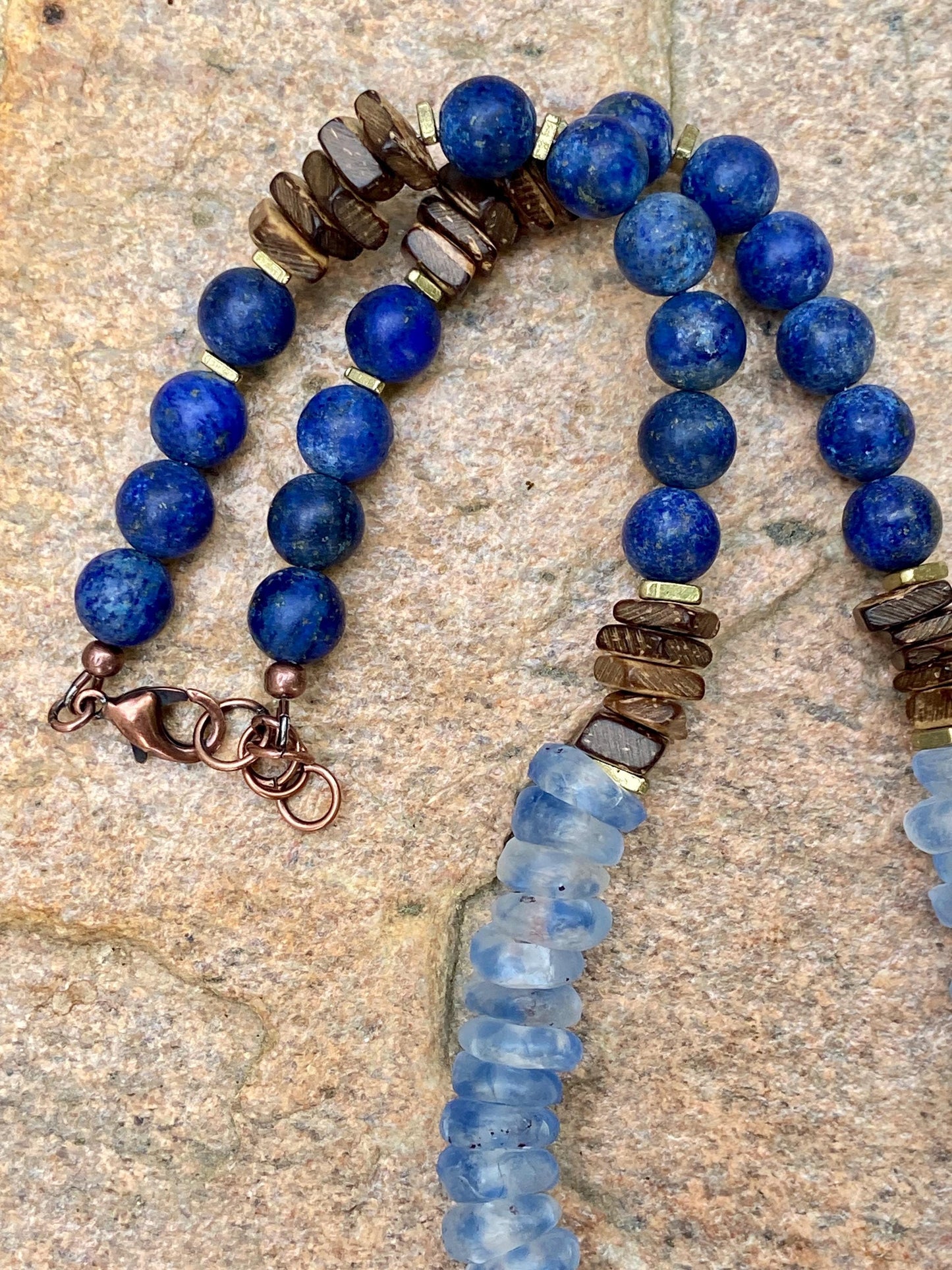 Ocean Waves Recycled Glass Necklace: Blue Mist, Lapis, Coconut Wood Beads