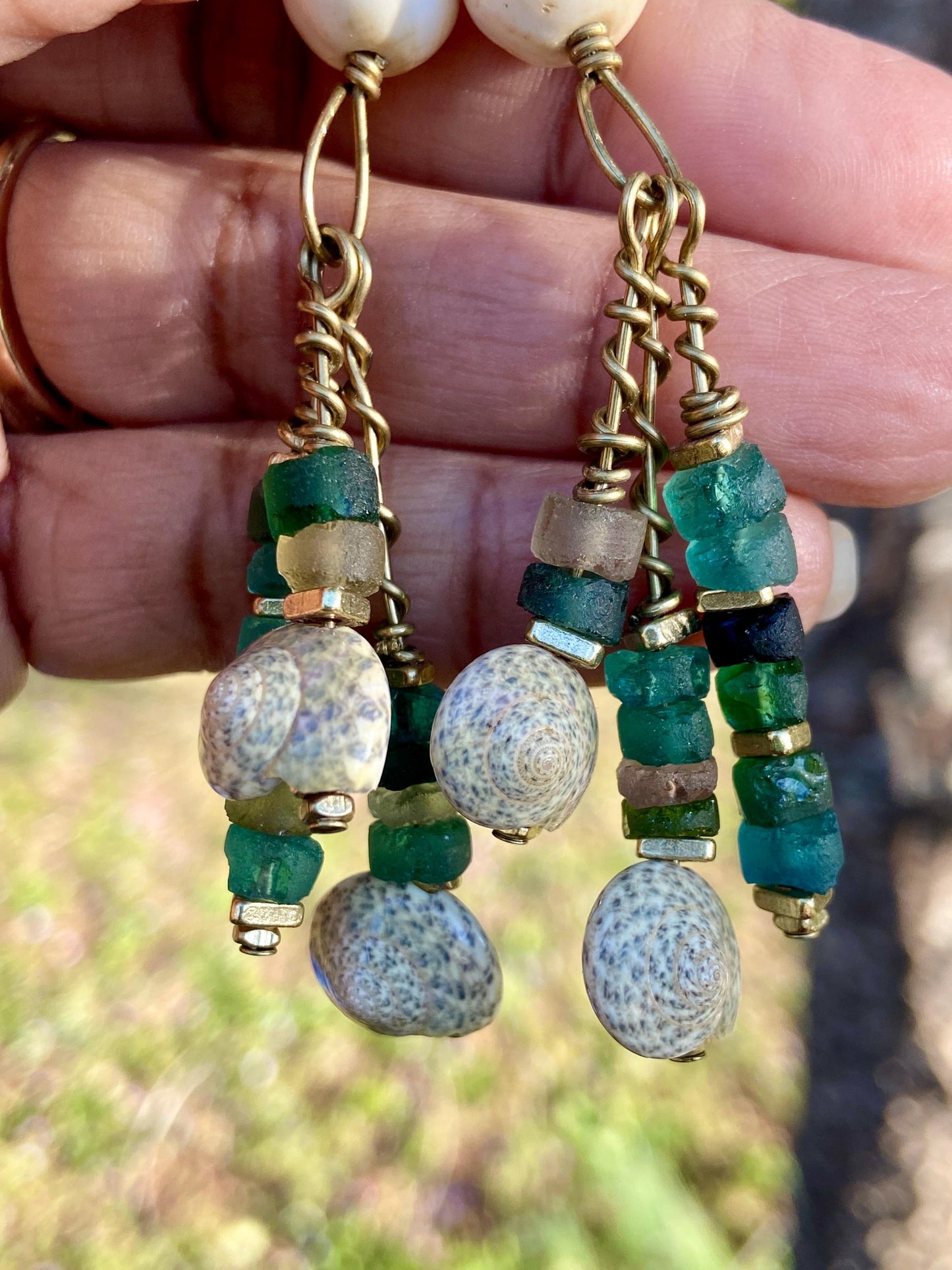 Coastal Vibes Earrings • Naga Conch Shell + Roman Glass + Sea Spiral Shell