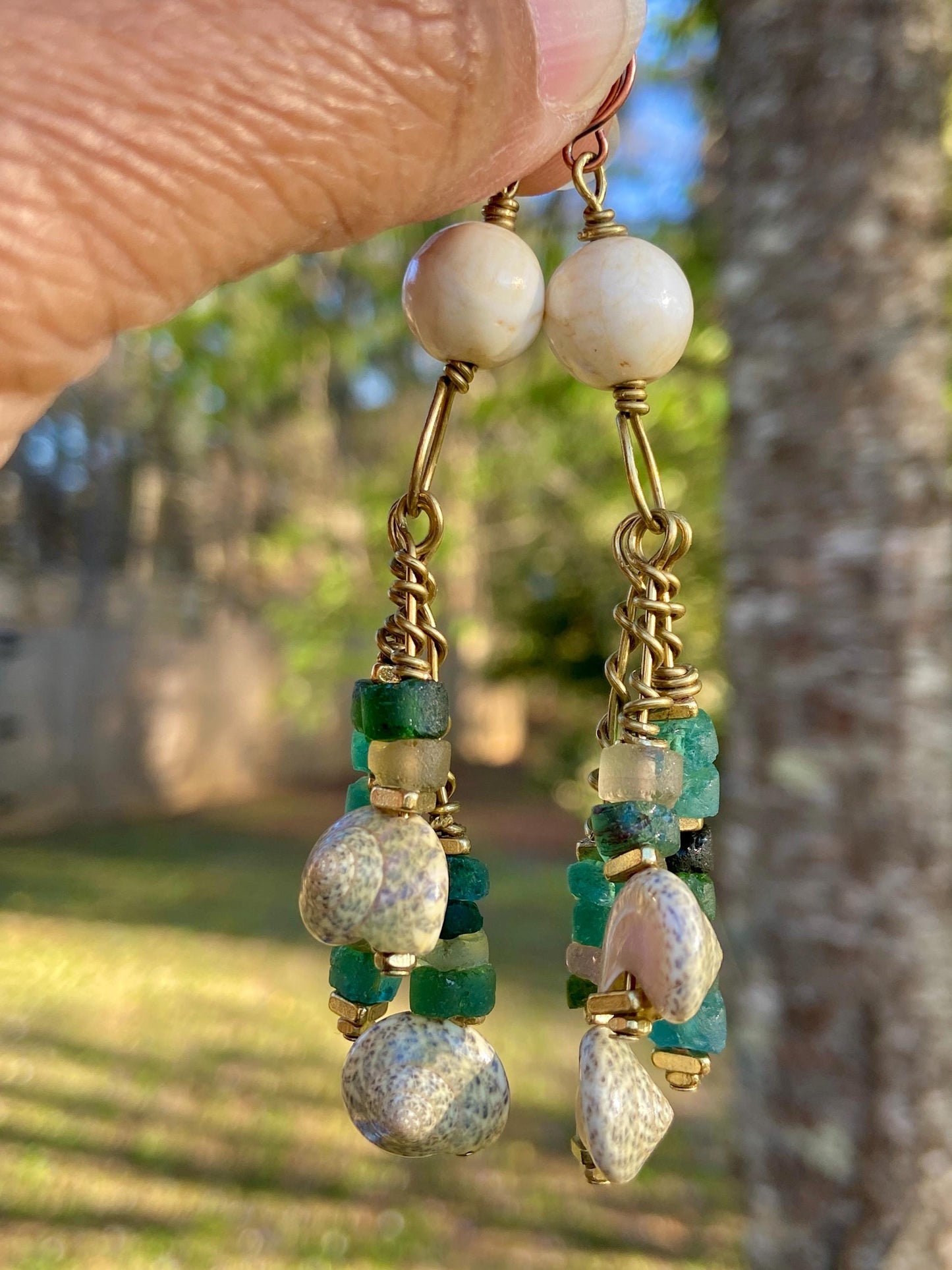 Coastal Vibes Earrings • Naga Conch Shell + Roman Glass + Sea Spiral Shell