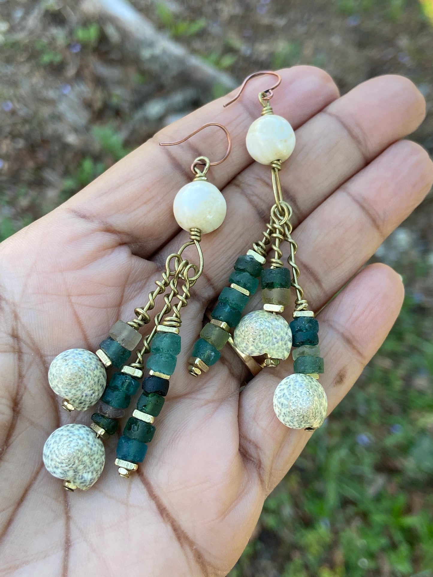 Coastal Vibes Earrings • Naga Conch Shell + Roman Glass + Sea Spiral Shell