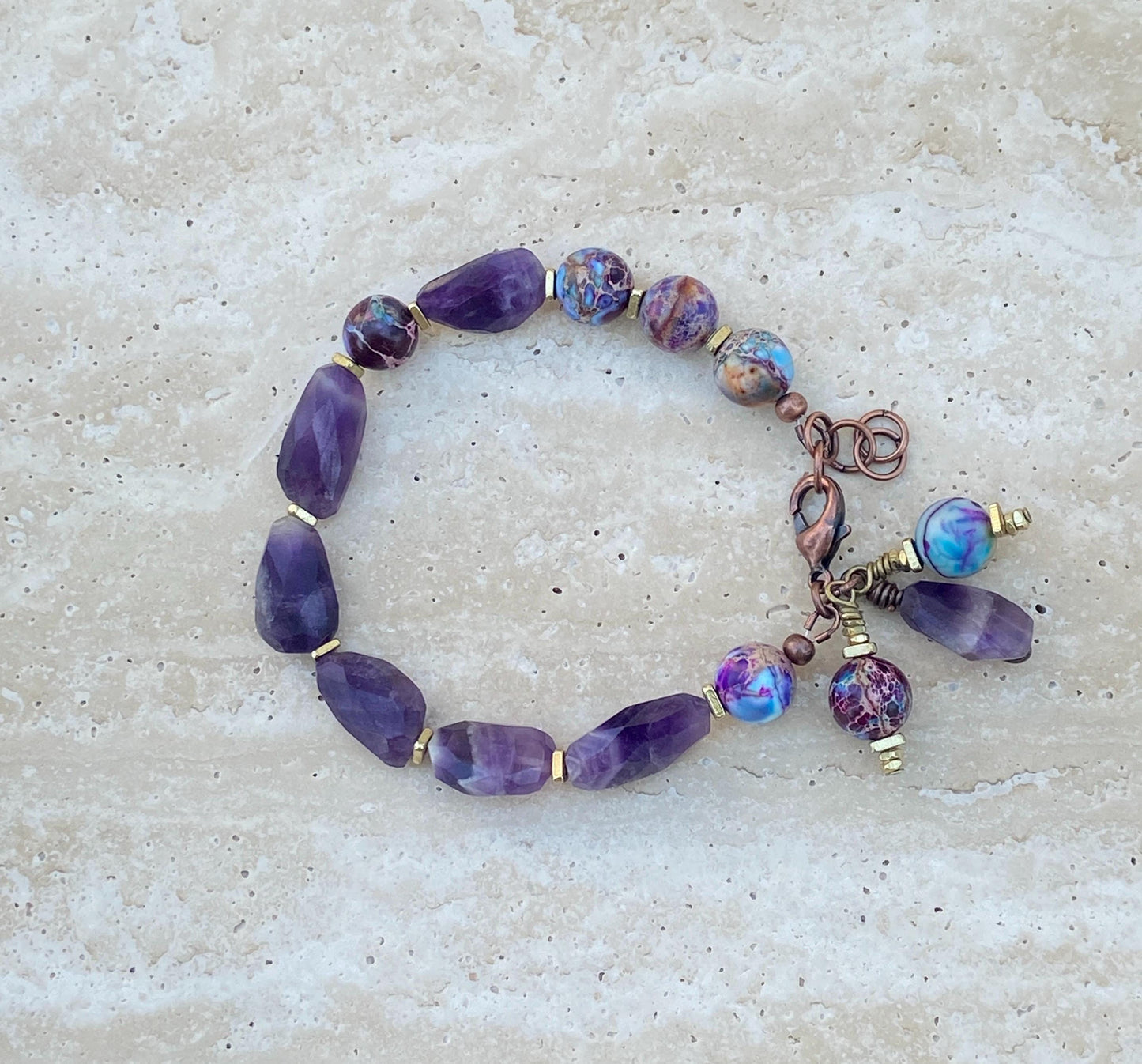 Purple & Turquoise Impression Jasper Bracelet with Dogtooth Amethyst Beads