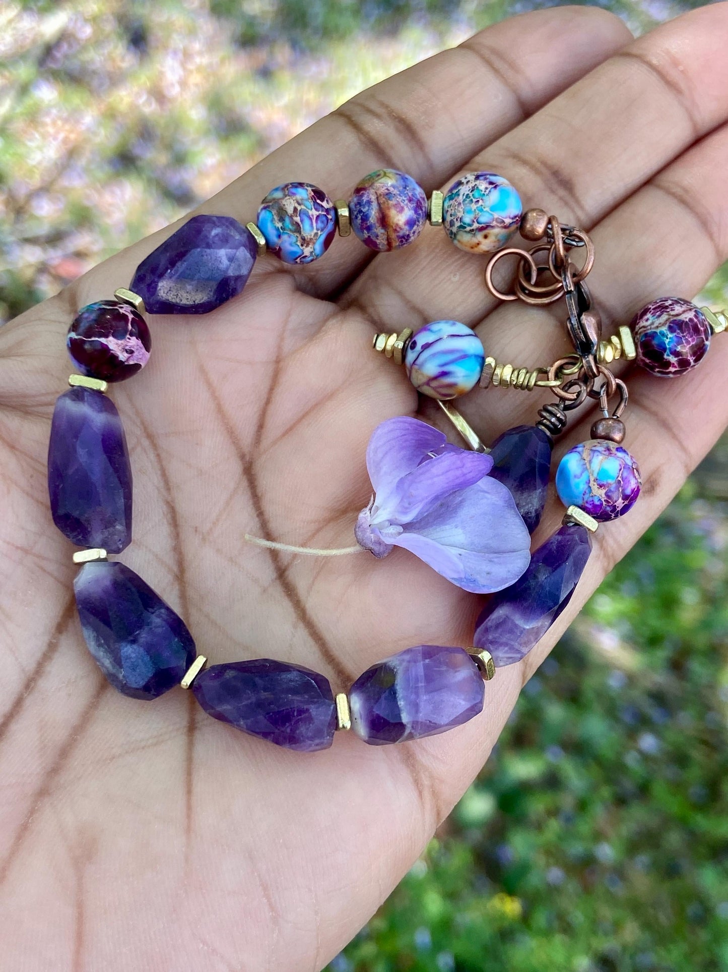 Purple & Turquoise Impression Jasper Bracelet with Dogtooth Amethyst Beads