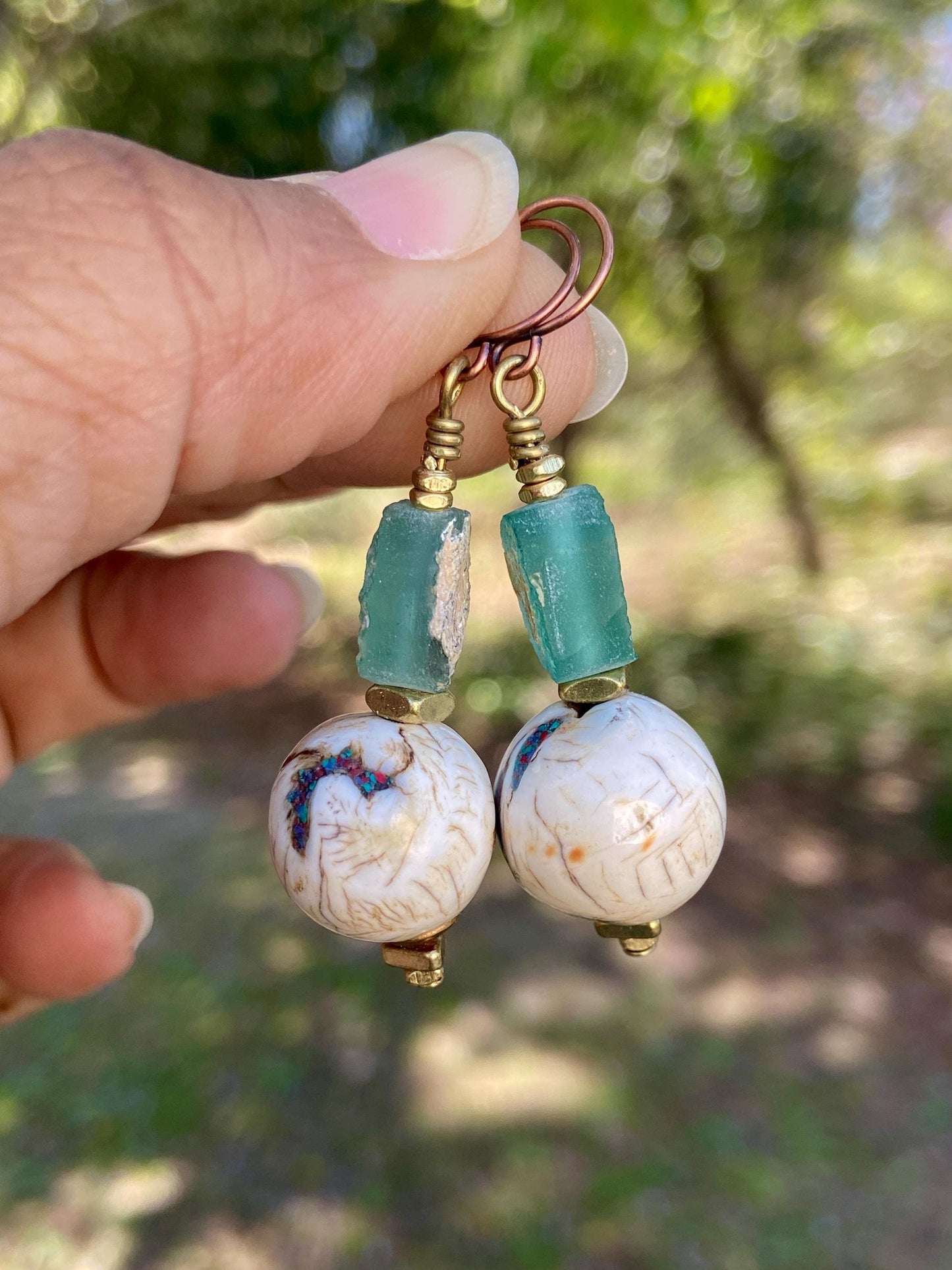 Costal and Beachy Boho Earrings • Inlaid Naga Conch • Roman Glass •