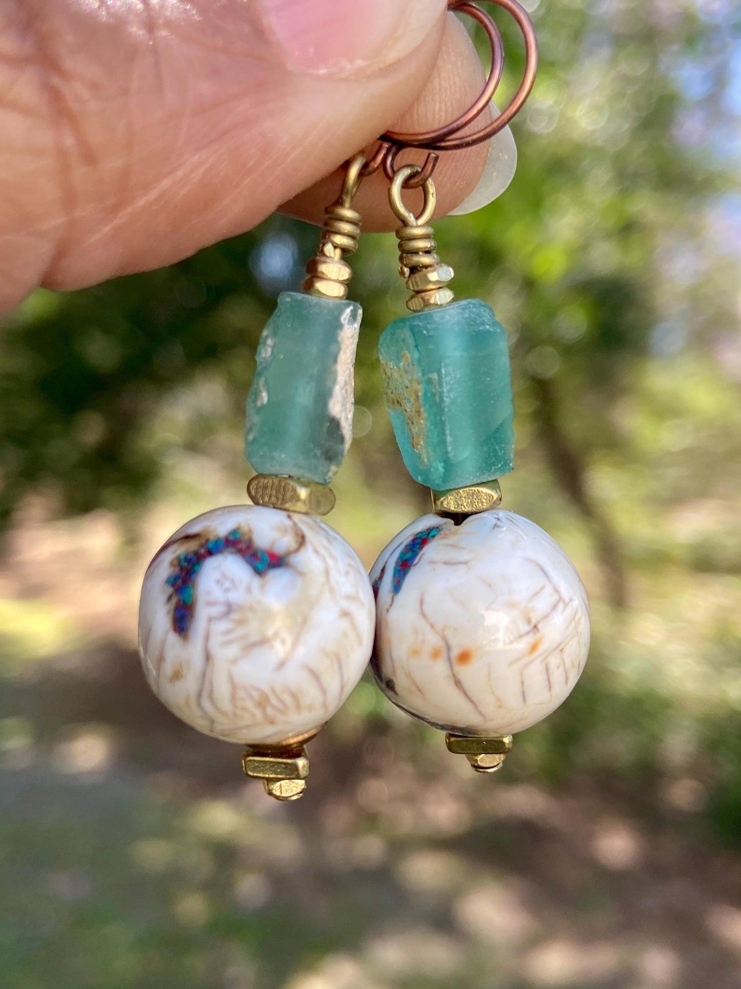 Costal and Beachy Boho Earrings • Inlaid Naga Conch • Roman Glass •