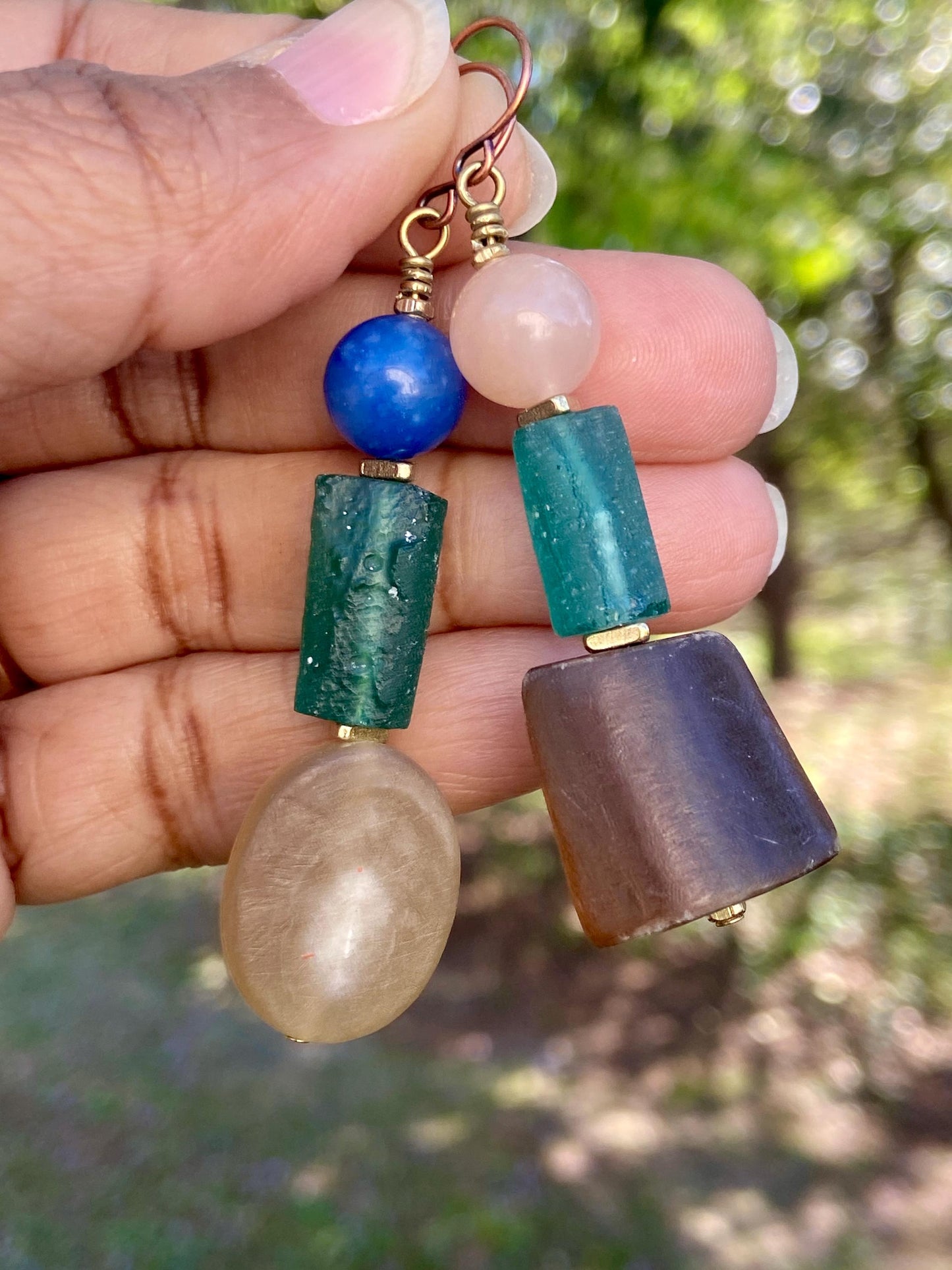 Geometric Natural Horn, Roman Glass and Aventurine Gemstone Bead Earrings