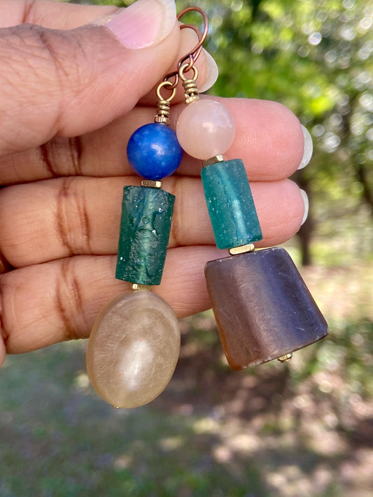 Geometric Natural Horn, Roman Glass and Aventurine Gemstone Bead Earrings
