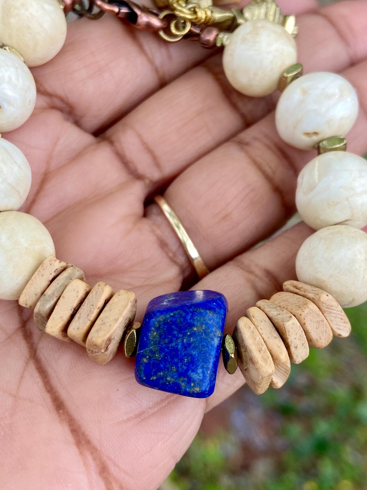 Beach Inspired Bracelet: Naga Conch Shell, Tan Coconut Wood and Lapis Gemstone Focal
