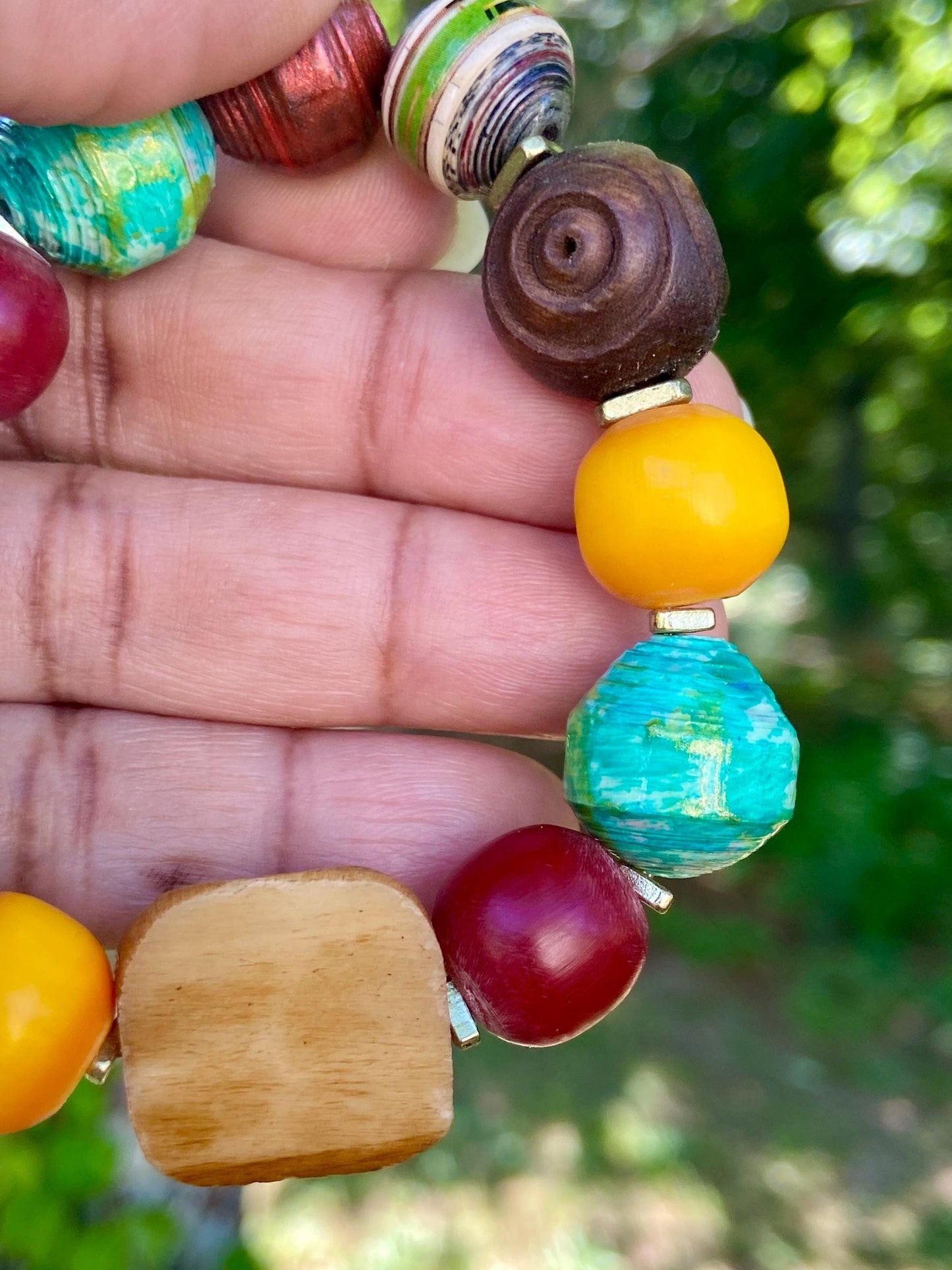 Bohemian Vibes: Mixed Media Paper Beads, Olive Wood, Bone and Colorful Kenyan Amber Resin Beads