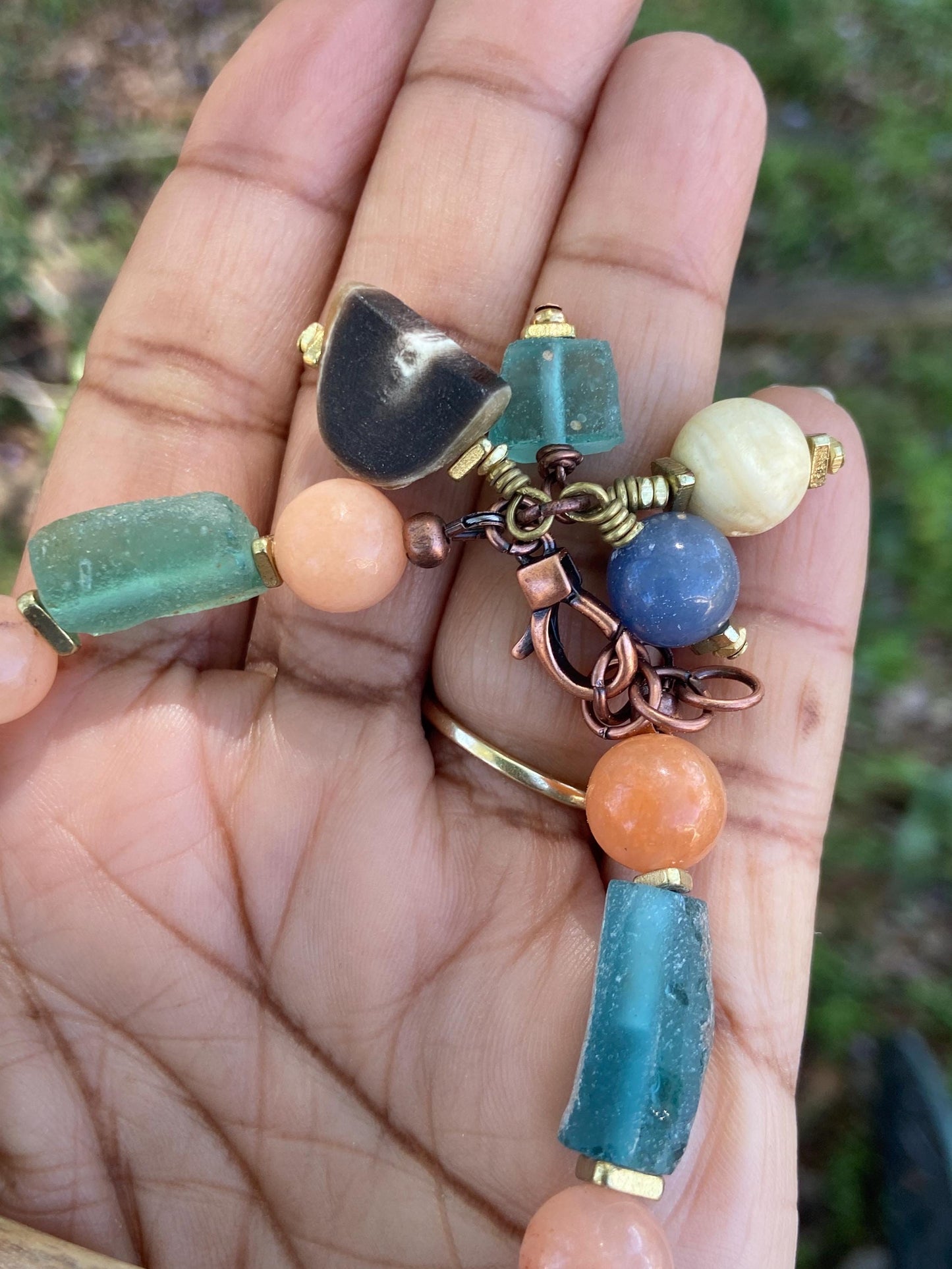Boho Mixed Media Bracelet, Roman Glass, Inlaid Naga Conch Shell, Aventurine Gemstones