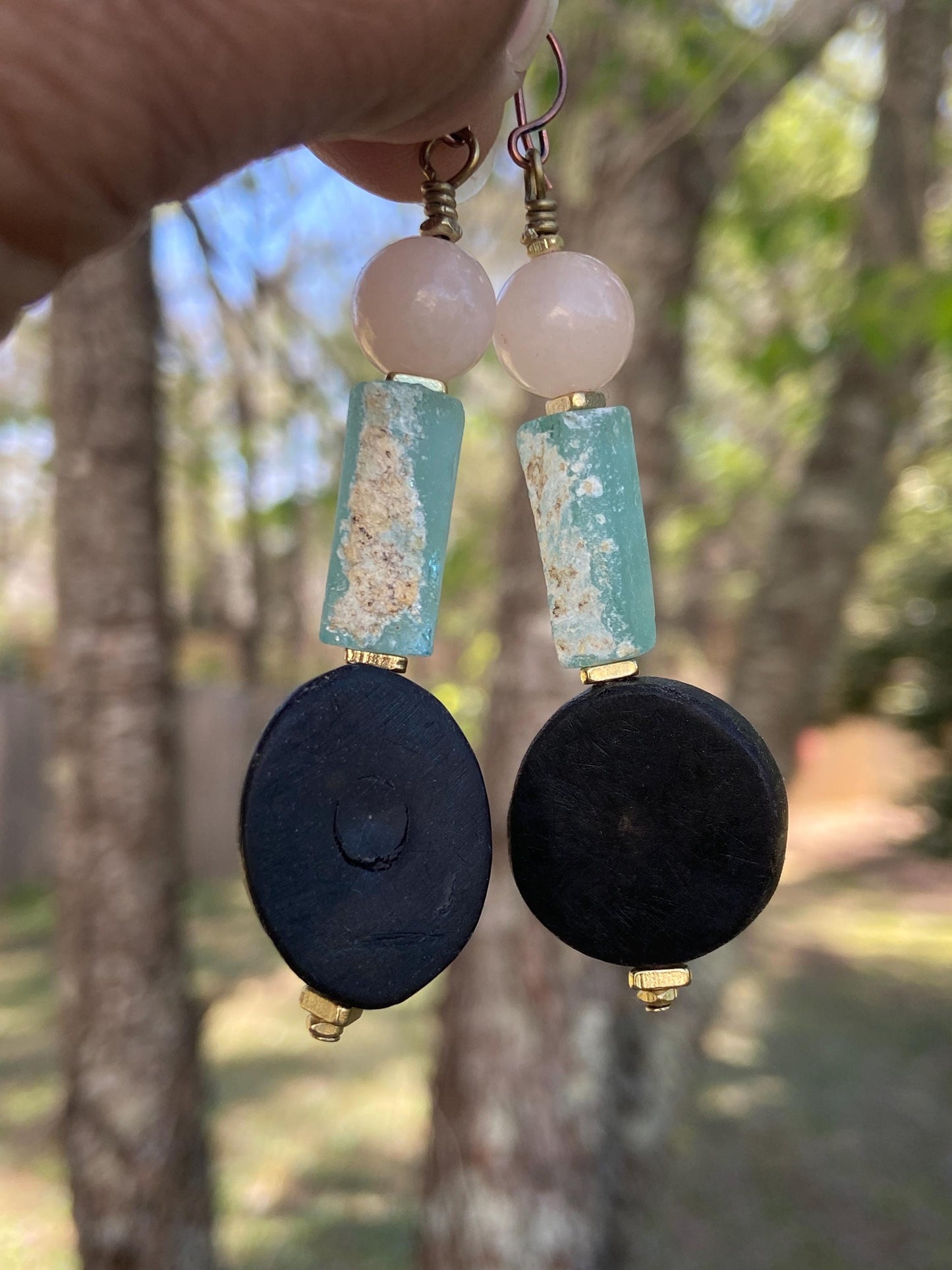 Geometric Natural Horn and Aventurine Gemstone Bead Earrings