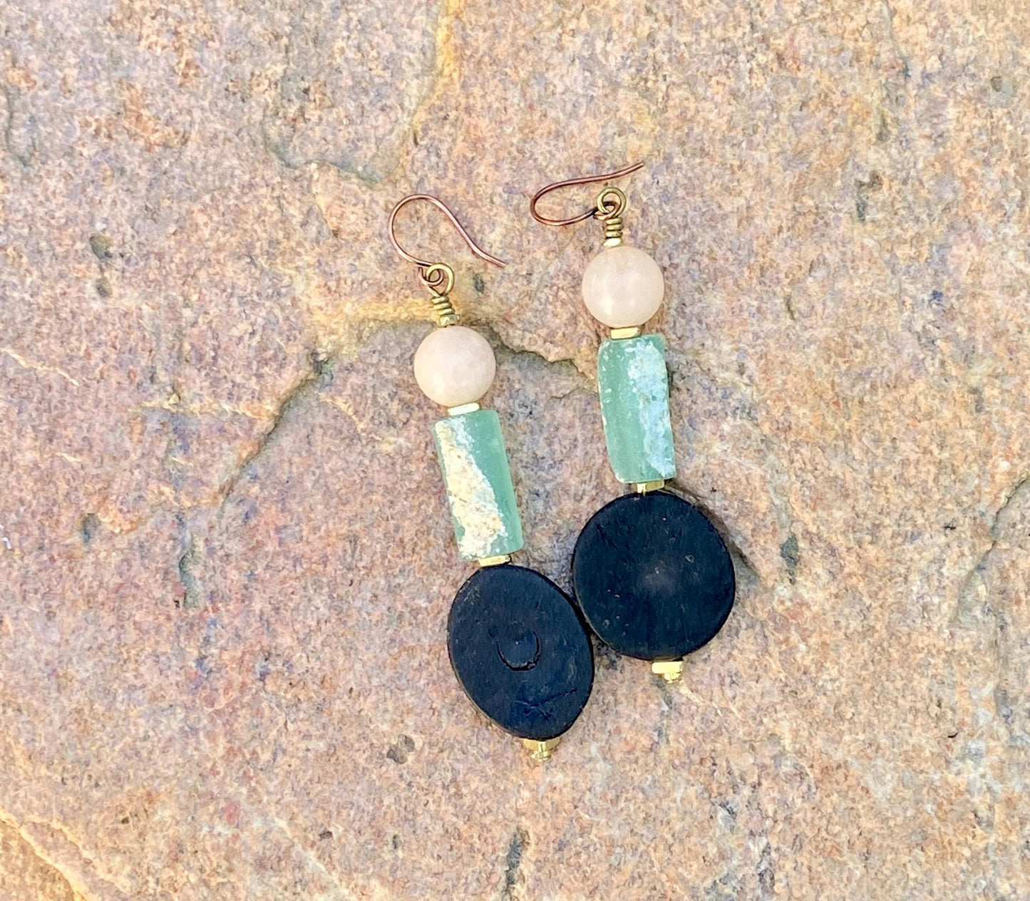 Geometric Natural Horn and Aventurine Gemstone Bead Earrings