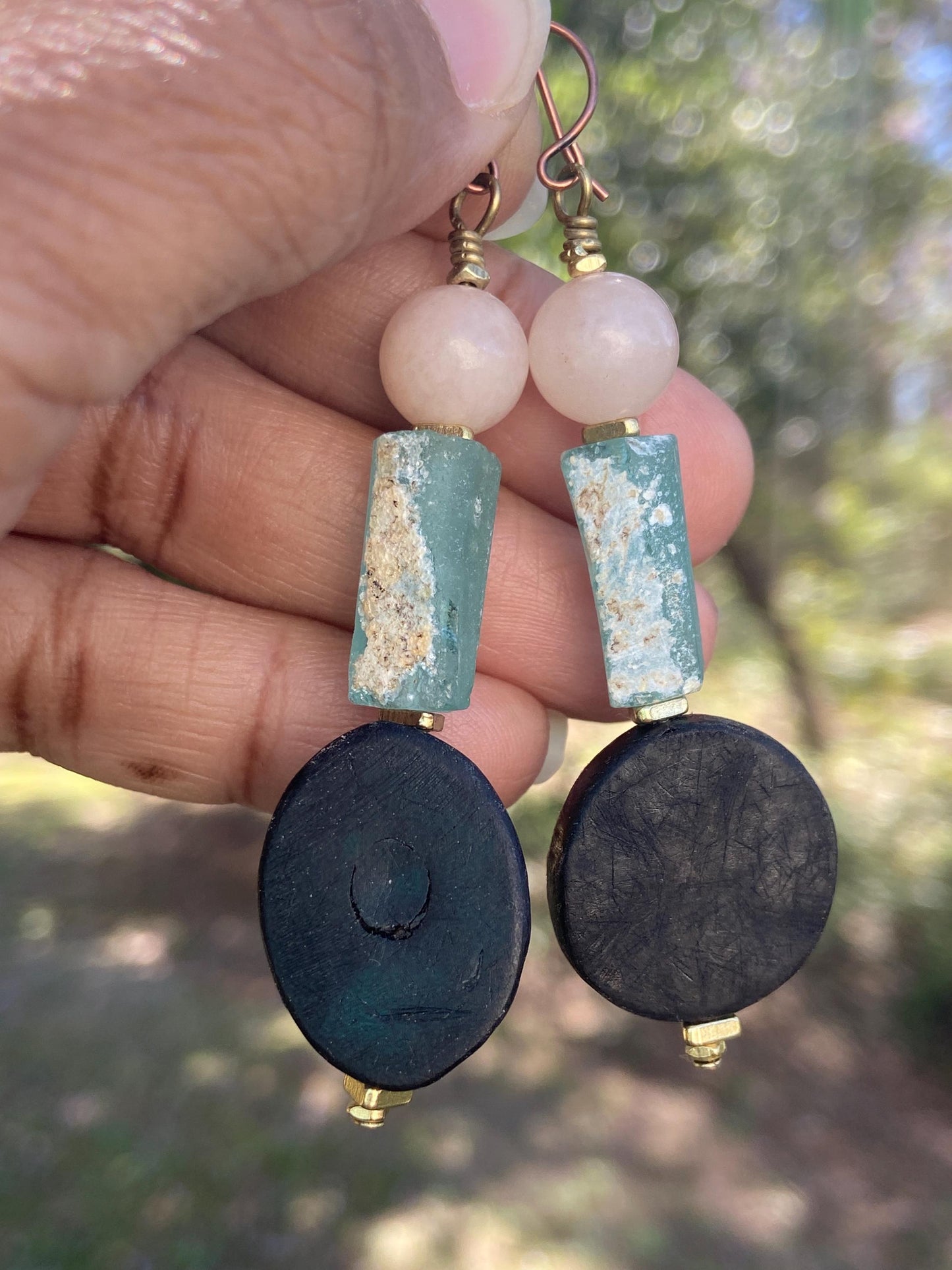Geometric Natural Horn and Aventurine Gemstone Bead Earrings