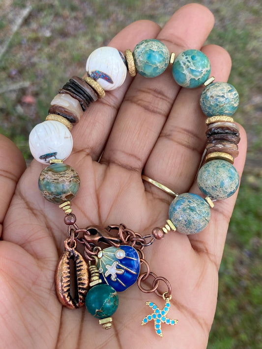 Boho Mixed Media Bracelet: Inlaid Naga Conch Shell, Turquoise Impression Jasper