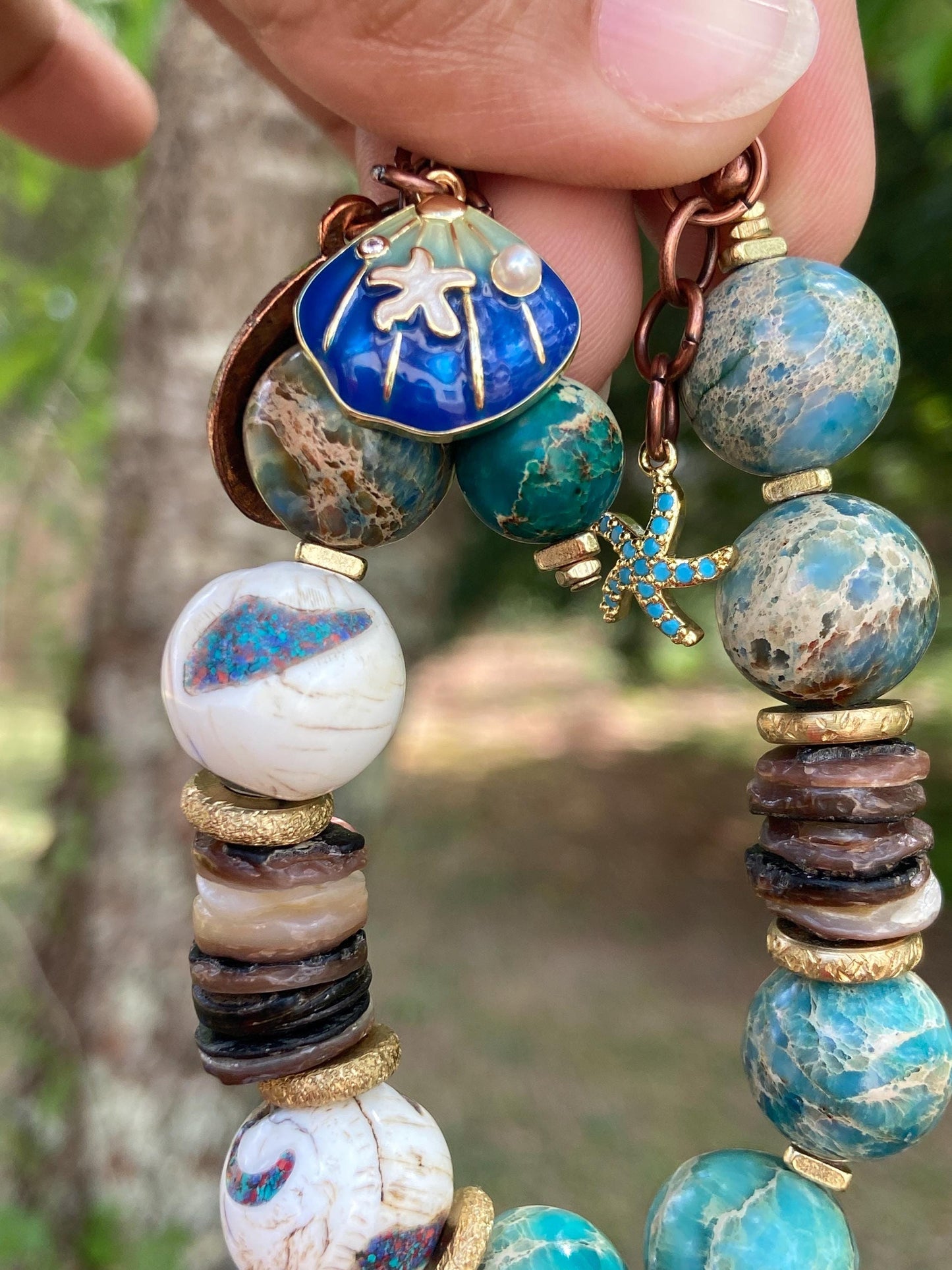 Boho Mixed Media Bracelet: Inlaid Naga Conch Shell, Turquoise Impression Jasper